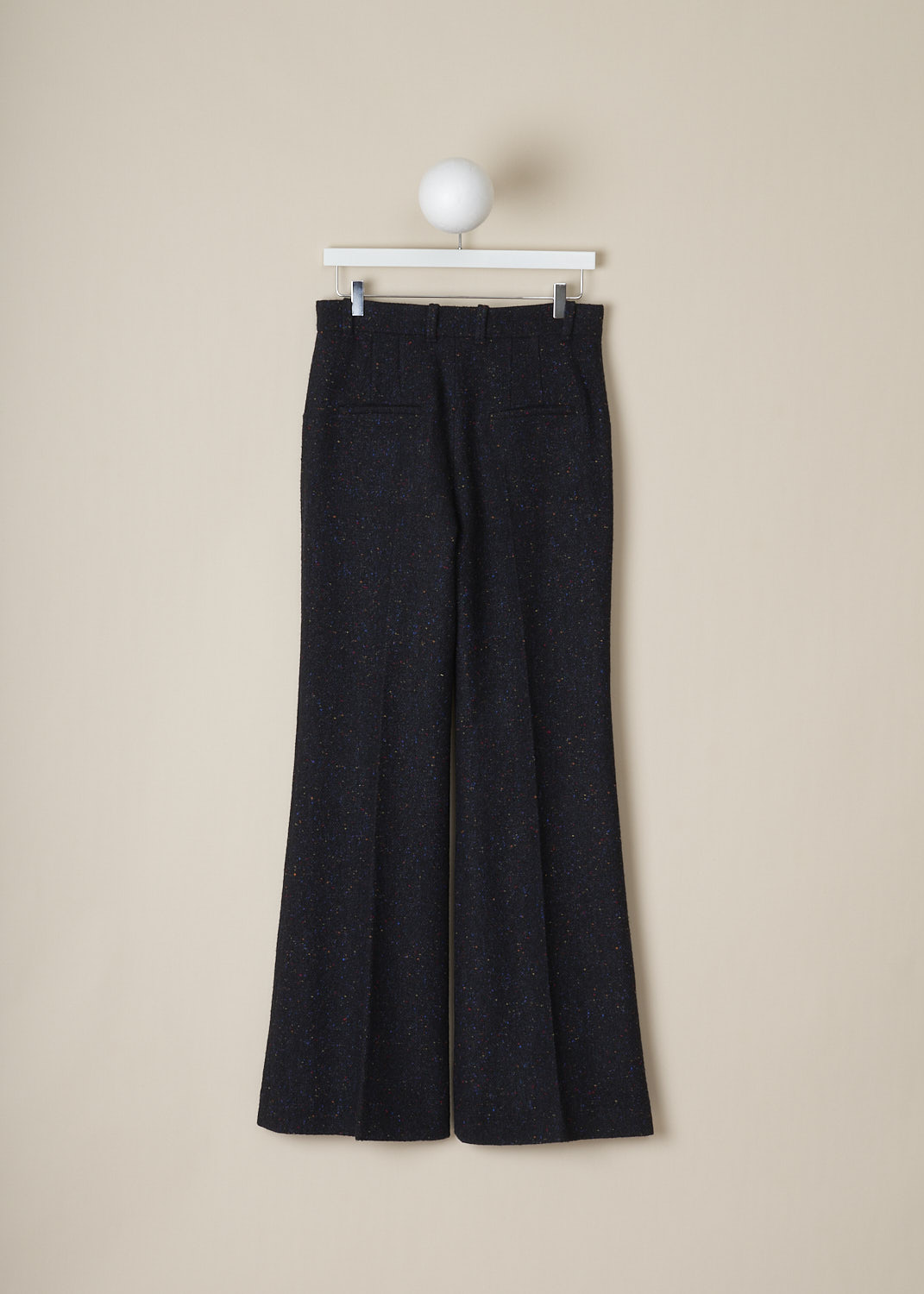 CHLOÃ‰, HIGH-WAISTED SPECKLED PANTS, CHC22APA141654D2_ANTHRACITE_BLUE, Blue, Grey, Print, Back, This high-waisted pants have an anthracite blue base color with multicolored speckles throughout. These pants have a narrow waistband with belt loops and a concealed zip closure. These pants have slanted pocket sin the front and welt pockets in the back. The flared pant legs have centre creases along the front and back. 
