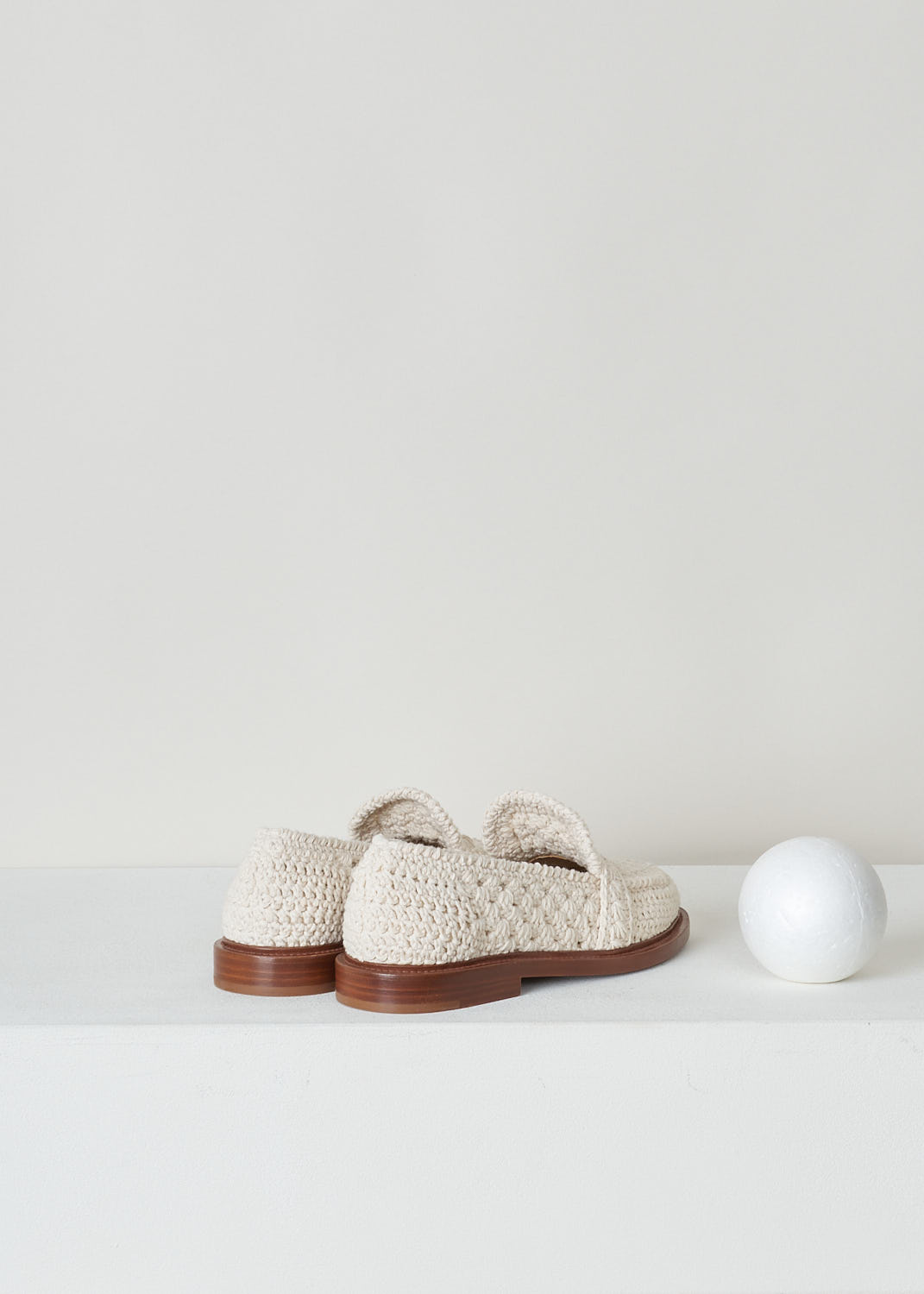 CHLOÃ‰, BEIGE CROCHET LOAFERS, 
CHC22S584X0122_KALYA_FLAT_LOAFERS_122_EGGSHELL, Beige, Back, These beige crochet loafers have a slip-on style with a round toe. The shoes have a sleek brown sole.
