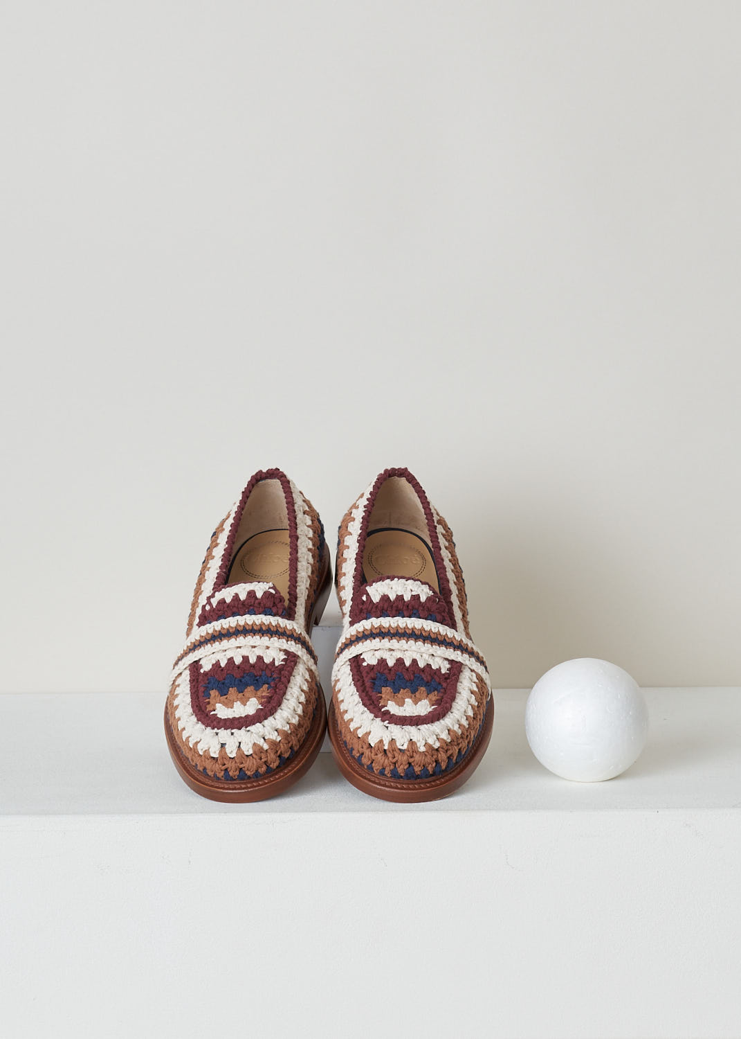CHLOÃ‰, CROCHET MULTICOLOR LOAFERS, CHC22S584X04ZA_KALYA_FLAT_LOA_4ZA_MULTICOLOR_BLUE, Print, Top, These multicolored crochet loafers have a slip-on style with a round toe. The shoes have a sleek brown sole.
