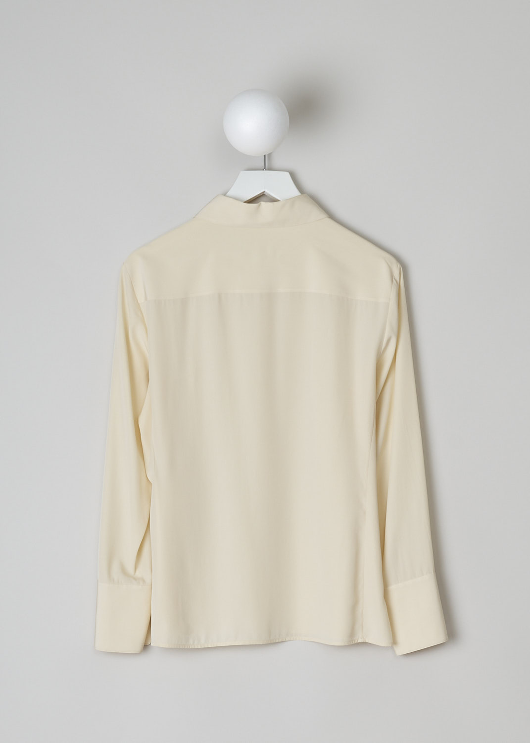 CHLOÉ, BEIGE BLOUSE WITH MULTICOLORED BEAD BUTTONS, CHC22SHT2900524T_SEED_PEARL_BEIGE, Beige, Back, This light beige blouse features a pointed collar and has a front button closure with resin-based bead buttons in various colors. Those same bead buttons can be found on the cuffs. The blouse has a straight hem with a centre slit in the front. 
