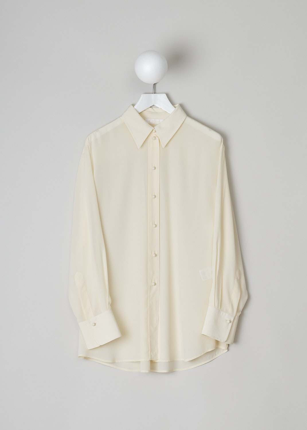 CHLOÉ, PRISTINE WHITE SILK BLOUSE, CHC22UHT05004114, White, Front, This silk Pristine White blouse has a classic collar and a button placket with round ceramic. The blouse has long sleeves with buttoned cuffs.  A centre box pleat runs vertically down the back.
