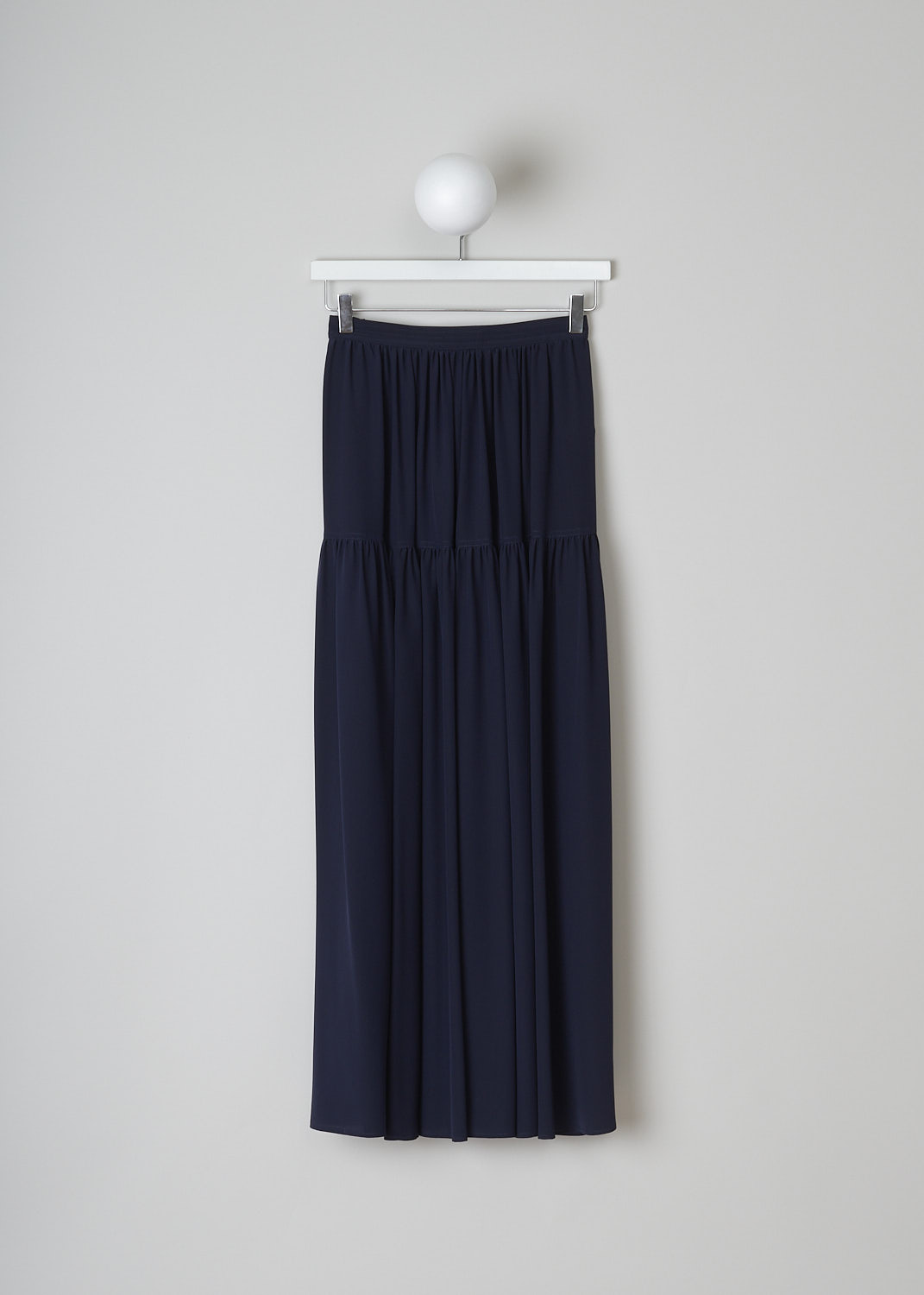 CHLOÉ, TIERED INK NAVY SKIRT, CHC22UJU030044C34_IN_NAVY, Blue, Back, This tiered Ink Navy midi skirt has a concealed side zip and inseam pockets. The skirt had a straight hemline.  
