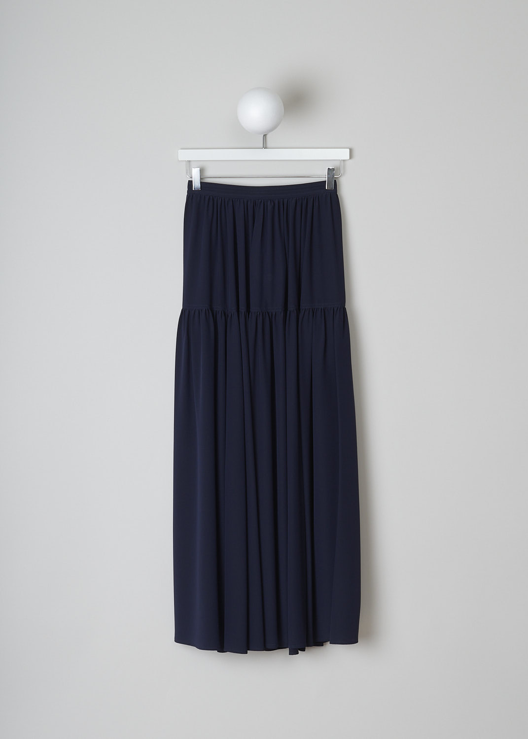 CHLOÉ, TIERED INK NAVY SKIRT, CHC22UJU030044C34_IN_NAVY, Blue, Front, This tiered Ink Navy midi skirt has a concealed side zip and inseam pockets. The skirt had a straight hemline.  
