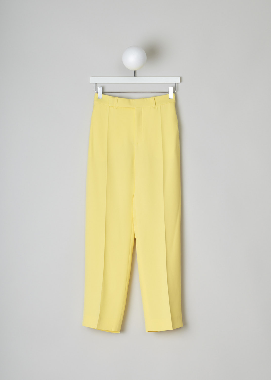 CHLOÉ, RADIANT YELLOW CLASSIC SILK PANTS, CHC22UPA12015757_RADIANT_YELLOW, Yellow, Front, These radiant yellow high-waisted pants have a waistband with belt loops and a concealed front zip and clasp closure. These pants have straight, cropped pant legs with pressed centre creases with slanted pockets in the front and welt pockets in the back.
