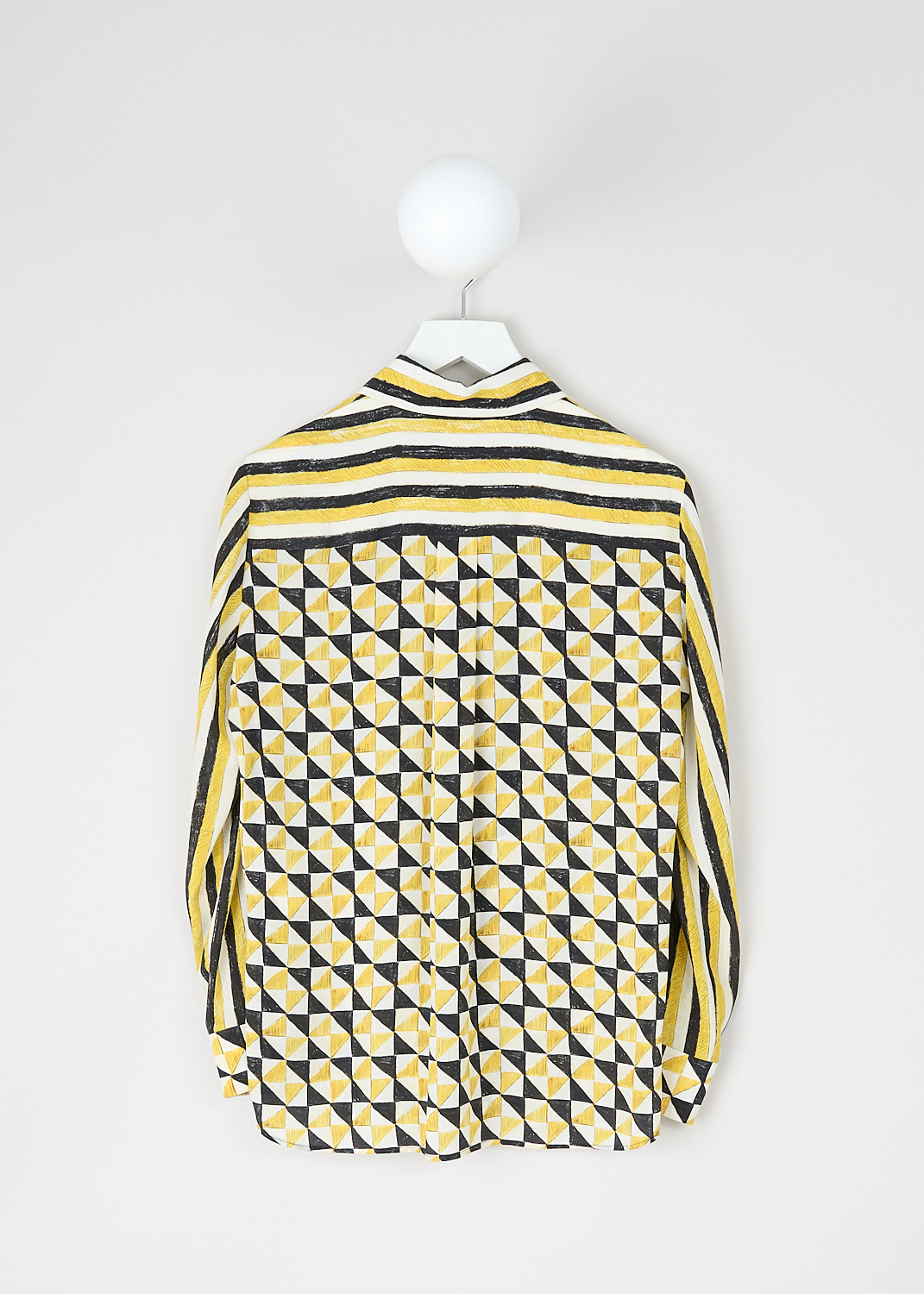 Chloé, Yellow geometric-print blouse, CHC23AHT403139CB_MULTICOLOR_2, Yellow, Print, Back, This yellow geometric-print blouse has a spread collar and a concealed front button closure. The long sleeves have buttoned cuffs. The blouse has a rounded hem. In the back, the blouse has a single box pleat. 
