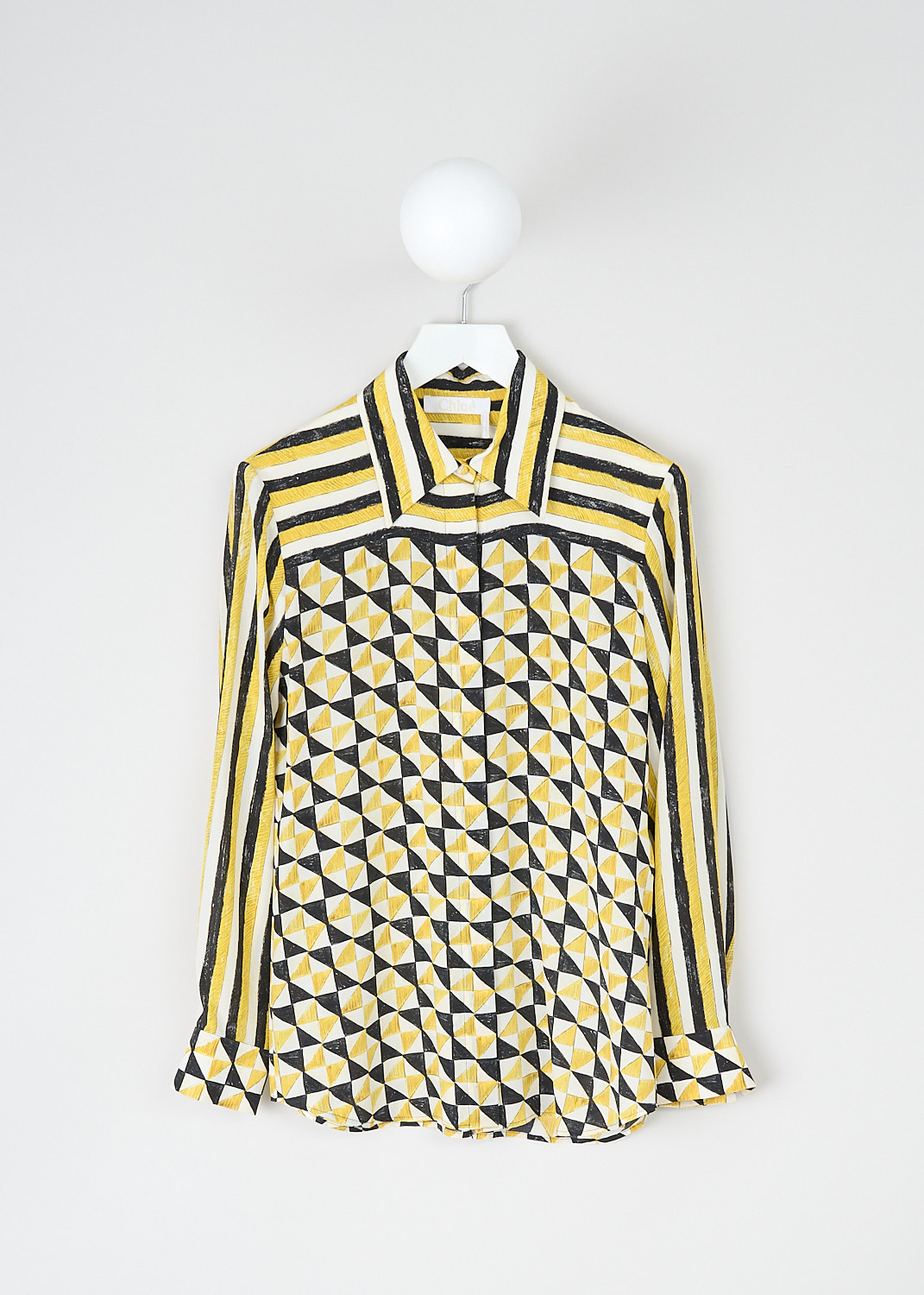 Chloé, Yellow geometric-print blouse, CHC23AHT403139CB_MULTICOLOR_2, Yellow, Print, Front, This yellow geometric-print blouse has a spread collar and a concealed front button closure. The long sleeves have buttoned cuffs. The blouse has a rounded hem. In the back, the blouse has a single box pleat. 
