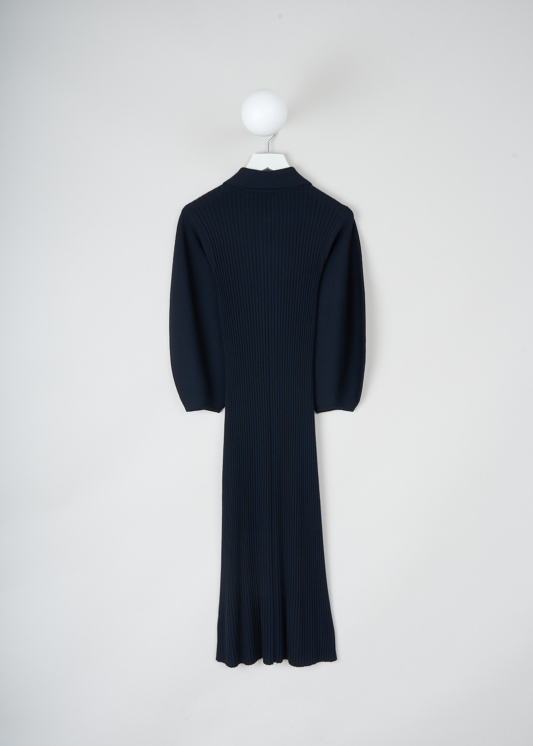 Chloé, Iconic Navy fitted dress, CHC23AMR1366448A_ICONIC_NAVY, Blue, Back, This Iconic Navy fitted dress has a spread collar with a partial front button placket. The dress is made in a ribbed fabric with smooth balloon sleeves and a flared skirt. The dress has a straight hemline. 
