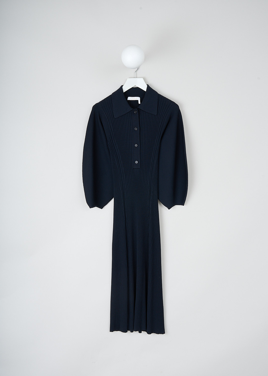 Chloé, Iconic Navy fitted dress, CHC23AMR1366448A_ICONIC_NAVY, Blue, Front, This Iconic Navy fitted dress has a spread collar with a partial front button placket. The dress is made in a ribbed fabric with smooth balloon sleeves and a flared skirt. The dress has a straight hemline. 
