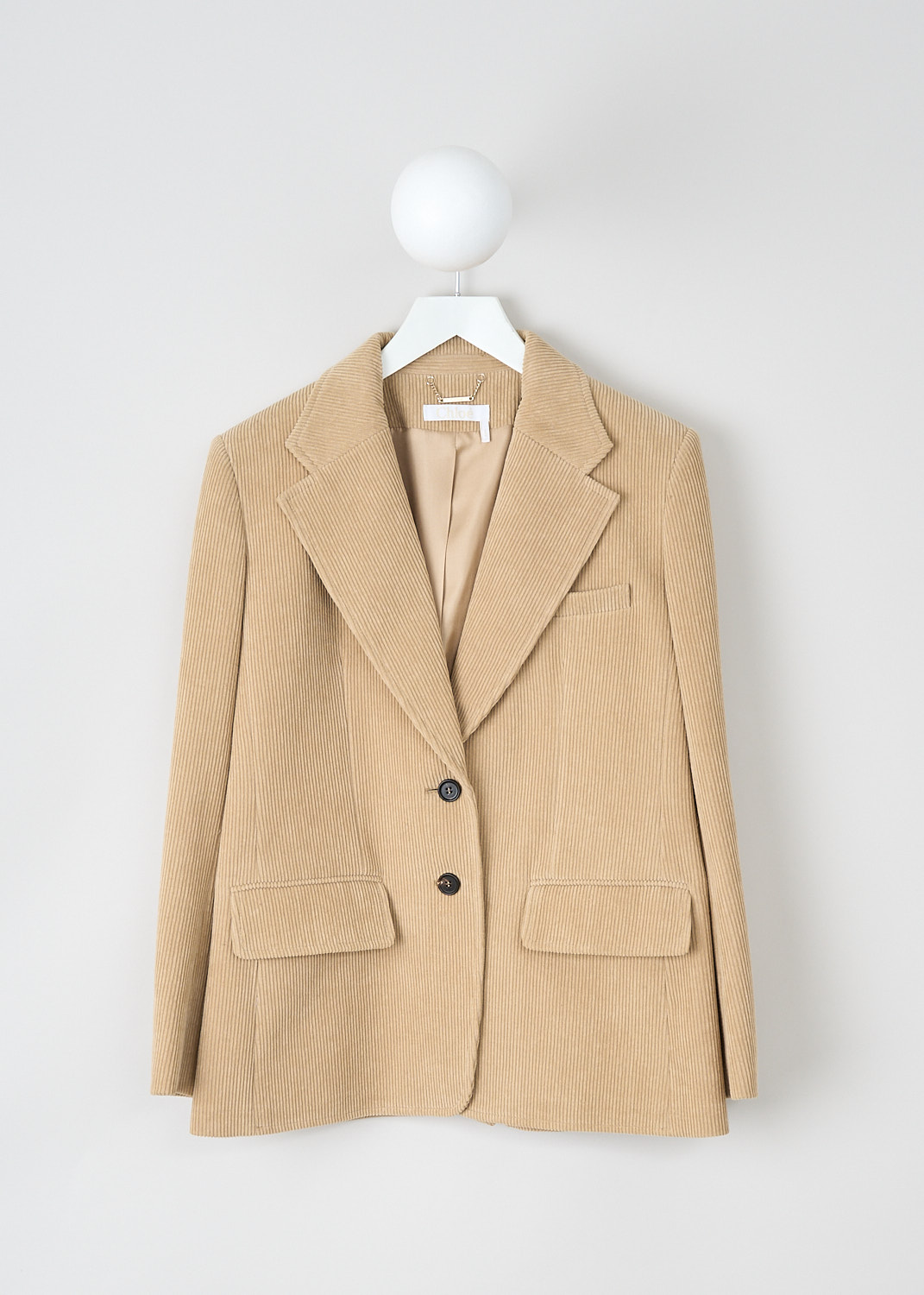 Chloé, Pearl beige corduroy jacket, CHC23AVE17155278_PEARL_BEIGE,  Beige, Front, This pearl beige corduroy jacket has a notched lapel and a front button closure. The jacket has a single breast pocket and two flap welt pockets. The jacket is lined.
