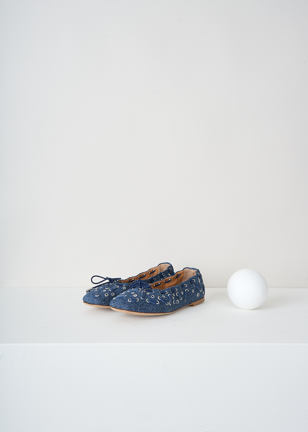 Chloé, Denim Oracja ballet flats, CHC23U808EK45D_DENIM, Blue, Front, These denim Oracja ballet flats have a  matching ribbon is laced along the topline and ends in a bow on the round toe. Silver-tone eyelets can be found throughout. 
