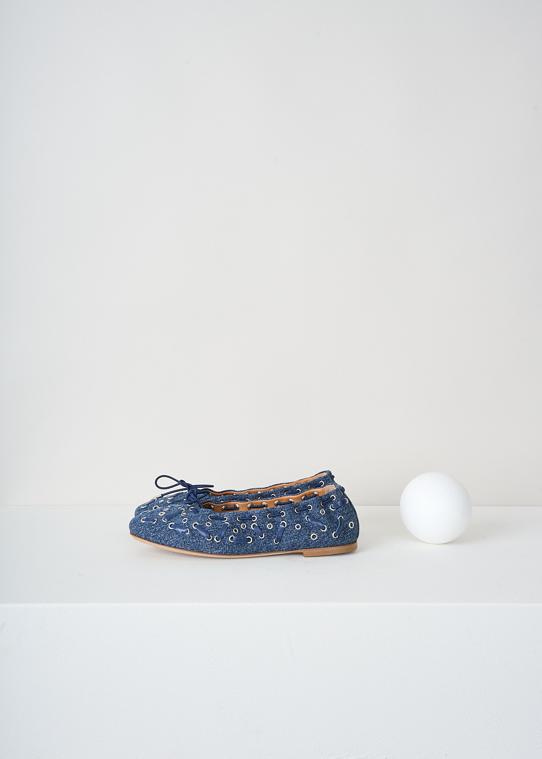 Chloé, Denim Oracja ballet flats, CHC23U808EK45D_DENIM, Blue, Side, These denim Oracja ballet flats have a  matching ribbon is laced along the topline and ends in a bow on the round toe. Silver-tone eyelets can be found throughout. 
