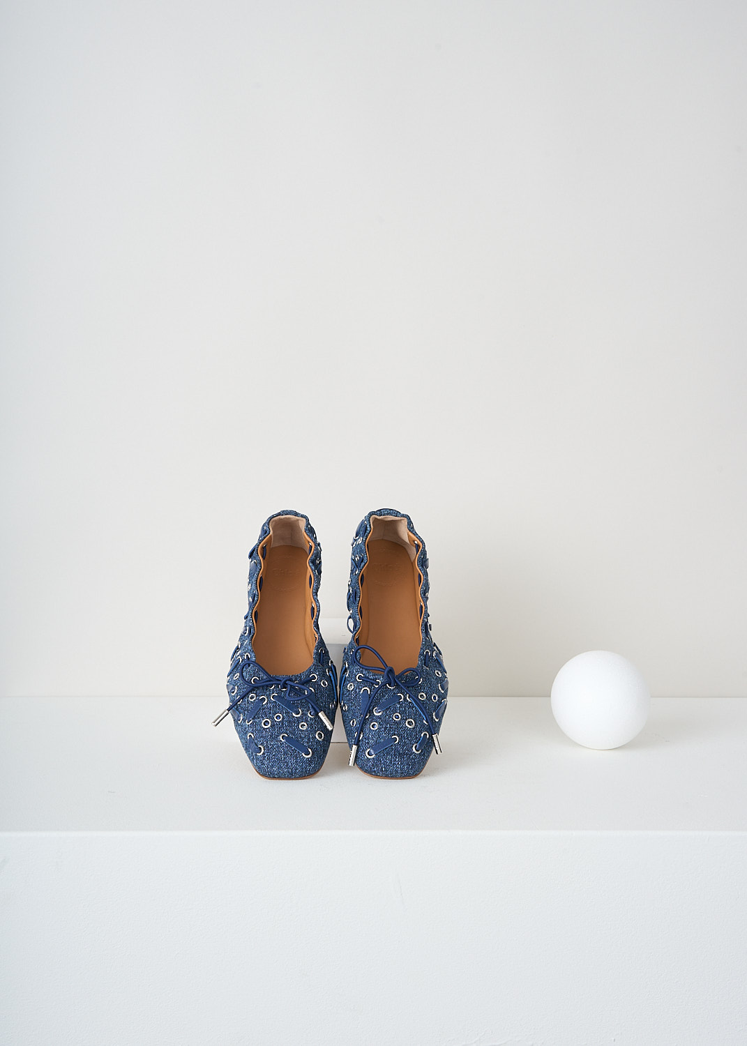 Chloé, Denim Oracja ballet flats, CHC23U808EK45D_DENIM, Blue, Top, These denim Oracja ballet flats have a  matching ribbon is laced along the topline and ends in a bow on the round toe. Silver-tone eyelets can be found throughout. 
