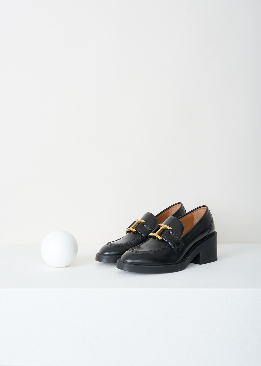 Chloé, Black Marcie loafer with gold-tone buckle, CHC23W942EY001_BLACK, Black, Front, These black heeled Marcie loafers have an almond toe with a gold-tone buckle across the vamp. These loafers have a blocked heel.
 
