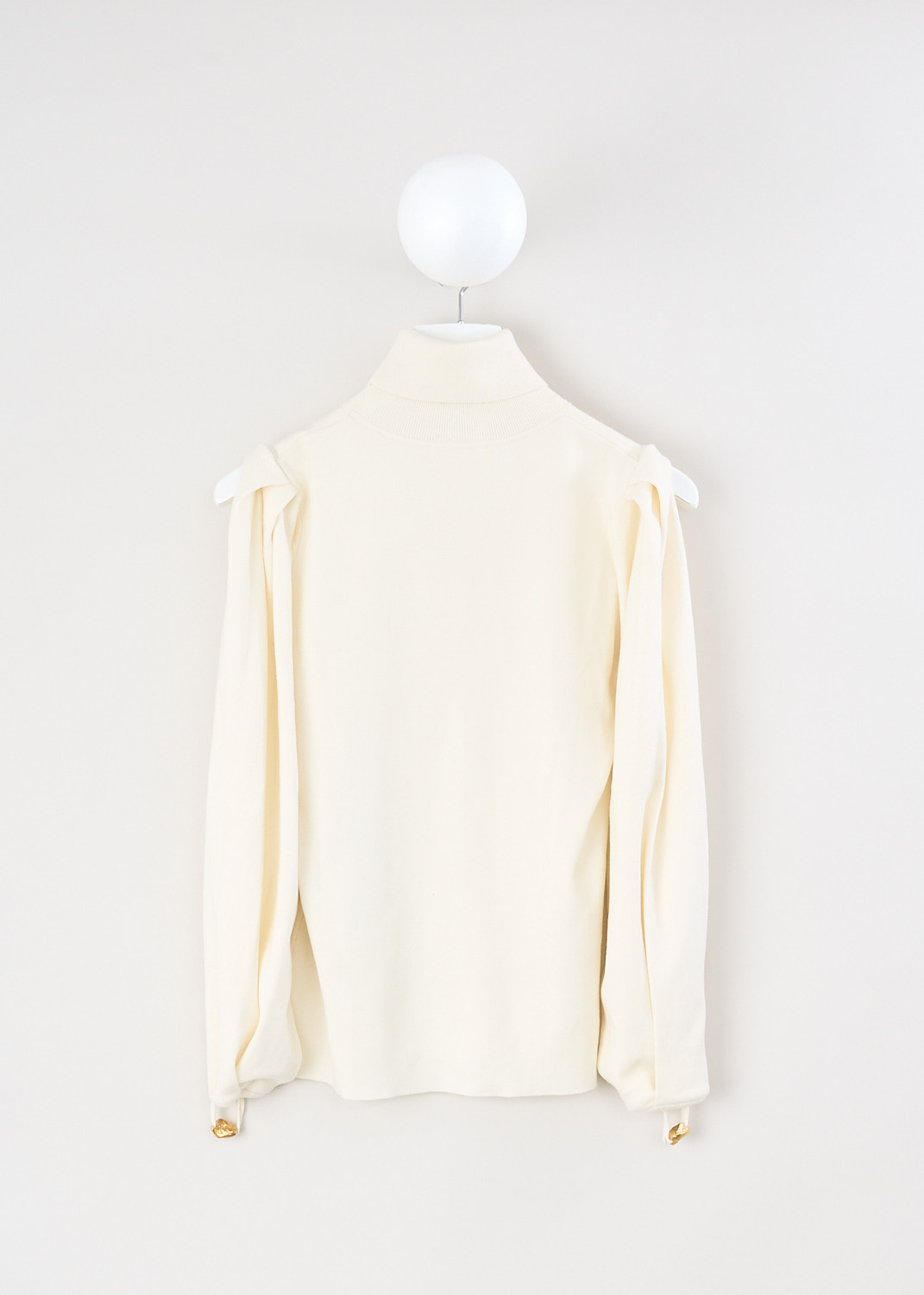 Chloé, Iconic Milk turtleneck sweater with gold sleeve detail, CHC23WMP24660107_ICONIC_MILK, White, Back, This fitted turtleneck sweater in the color Iconic Milk features long sleeves with an open upper design that exposes the arm and shoulder, finished with a gold-tone embellishment at the cuff.
