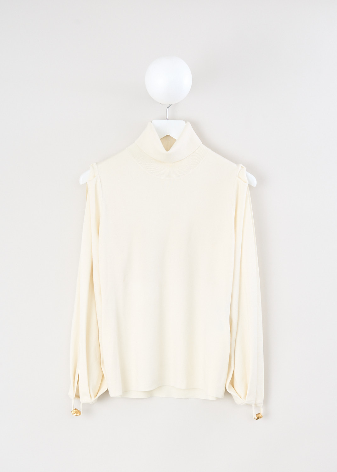 Chloé, Iconic Milk turtleneck sweater with gold sleeve detail, CHC23WMP24660107_ICONIC_MILK, White, Front, This fitted turtleneck sweater in the color Iconic Milk features long sleeves with an open upper design that exposes the arm and shoulder, finished with a gold-tone embellishment at the cuff.
