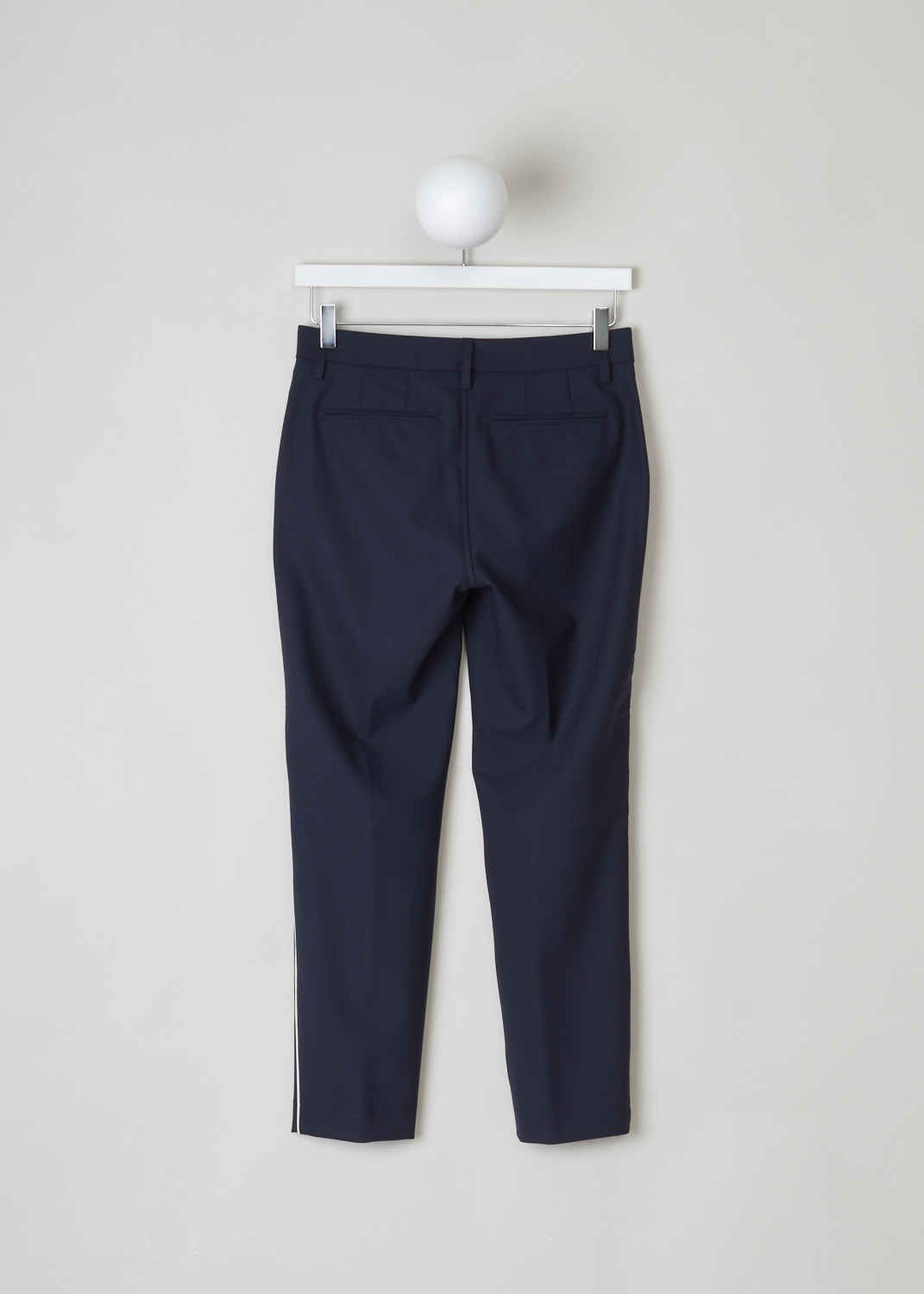 Closed, navy pants with white stripe, jack_C91012_5H3_4P_568, blue, back, Navy coloured pants with white stripe going down the side seam. featuring two forward slanted pockets on the front and two jetted pockets on the back. the fastening option here is the zipper and button on the front. 