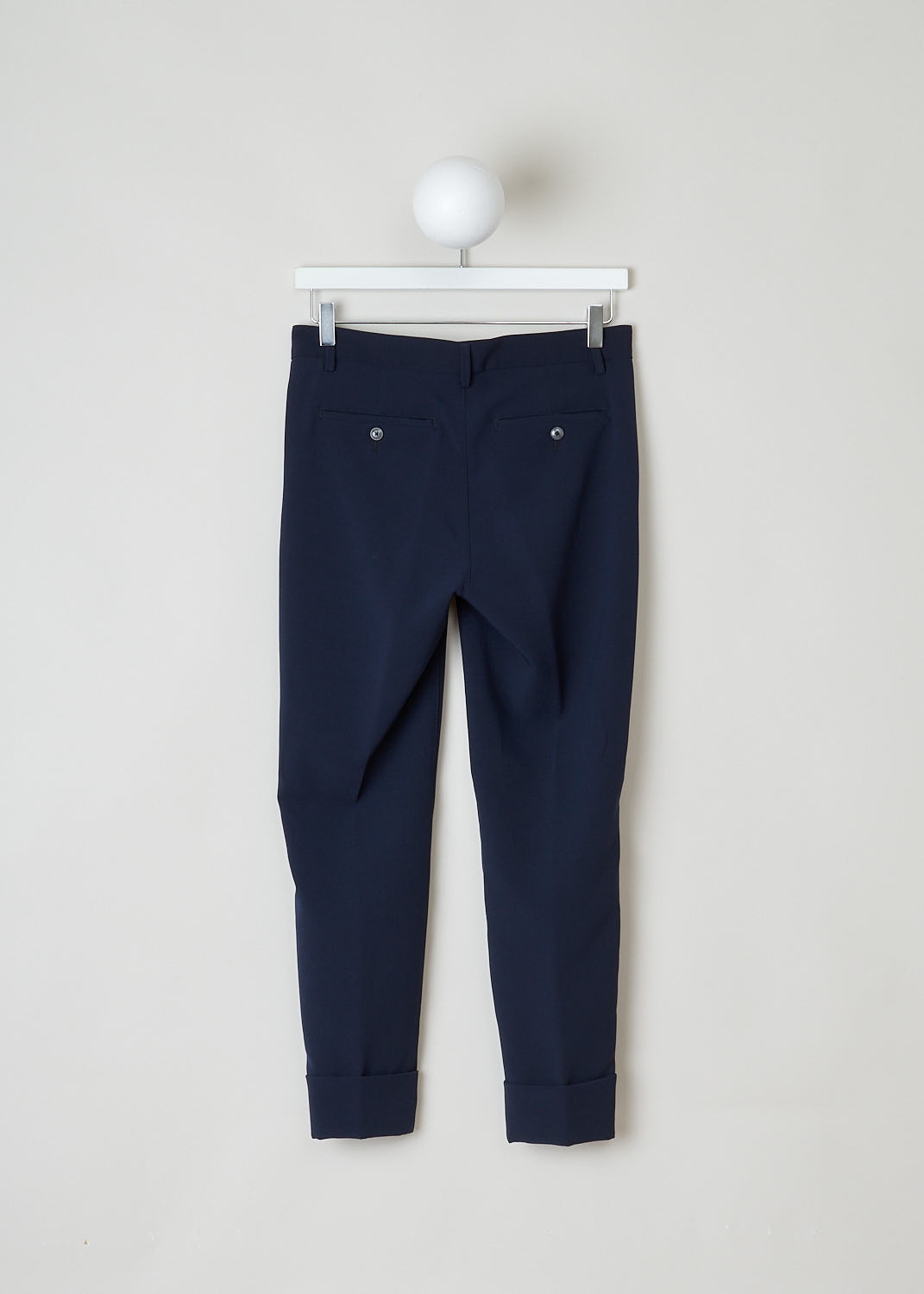 CLOSED, CLASSIC NAVY TROUSERS, Stewart_C91796_37G_22_568, Blue, Back, Made in the classic trouser model, featuring forward slanted pockets on the front and two buttoned welt pockets on the back. What makes this model stand out above the rest is the broad fold-over hem.