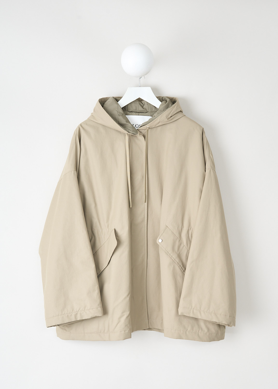 Pastel Olive A-line parka with water-repellent fabric, concealed hood, round neck and adjustable waist at Kiki's Stocksale Maastricht designer outlet.