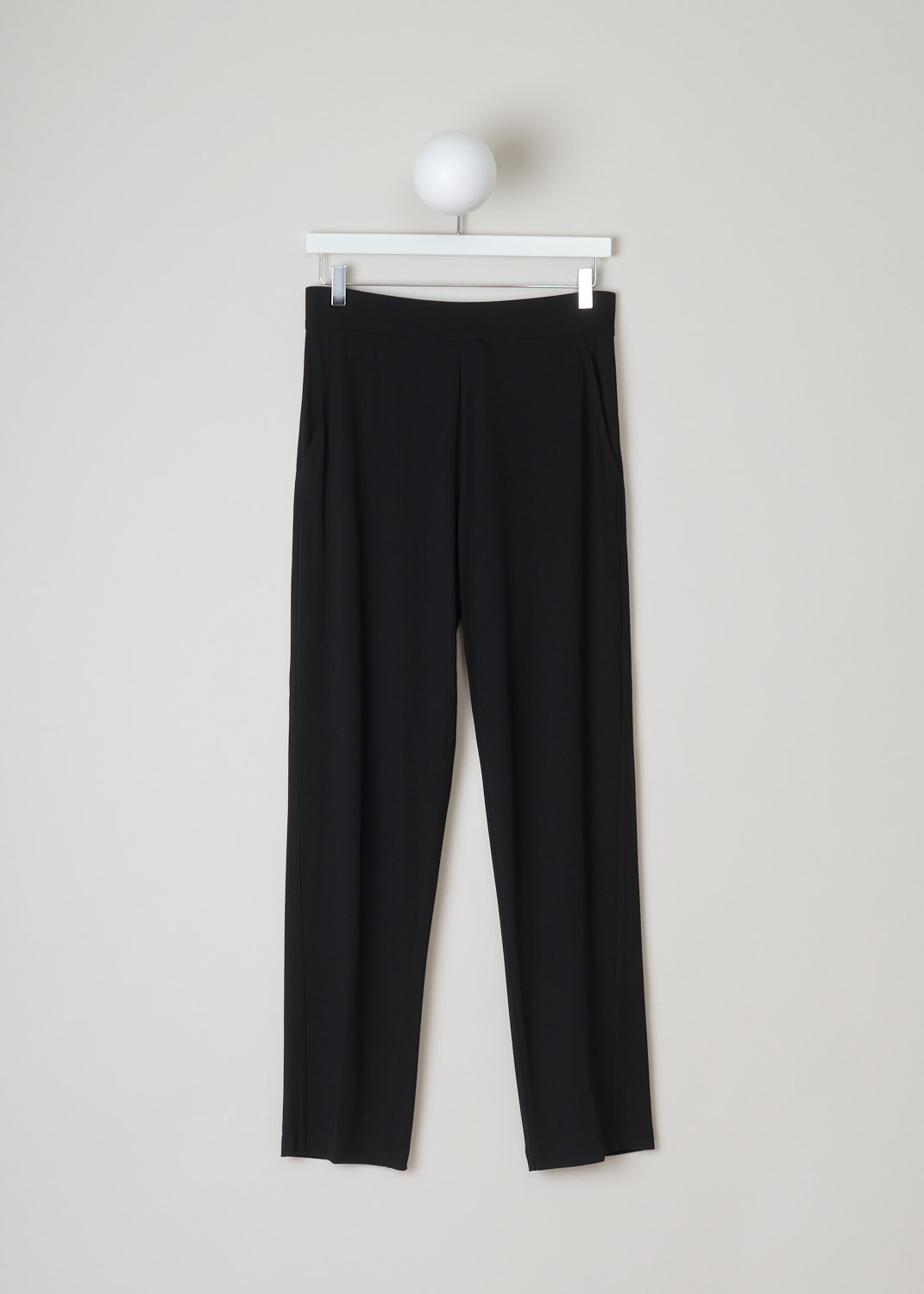 Donna Karan, Loose fit black stretch pants, A99P509J43_001_black, black, front, Comfy black pants, sits high and fitted on the waist, with a loose fit throughout the legs. Made from a thin airy fabric which contains a high stretch factor for that extra bit of comfort. Comes with forward slanted slip in pockets. No fastening option available on this model.  