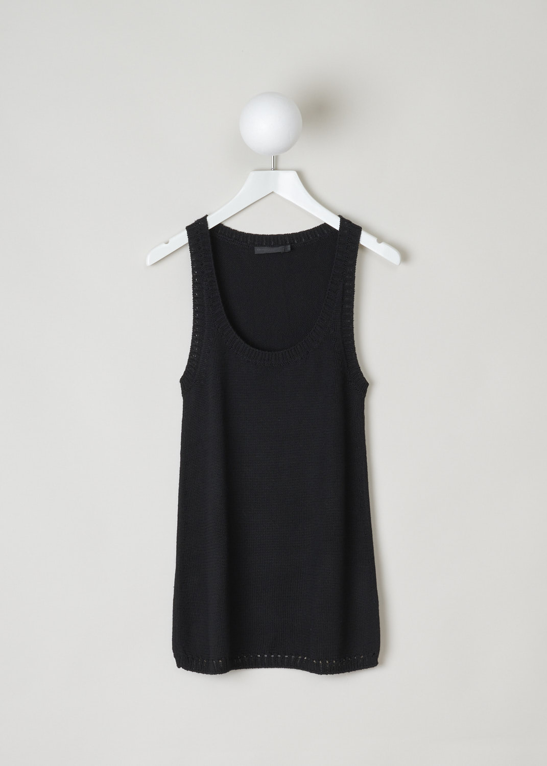 Donna Karan, Black knitted tank top, A14T929Y06_001_BLACK, Black, Front, This black knitted tank top features a ribbed scoop neckline and ha ribbed hemline. The top has an asymmetric finish, with the front being longer than back. 