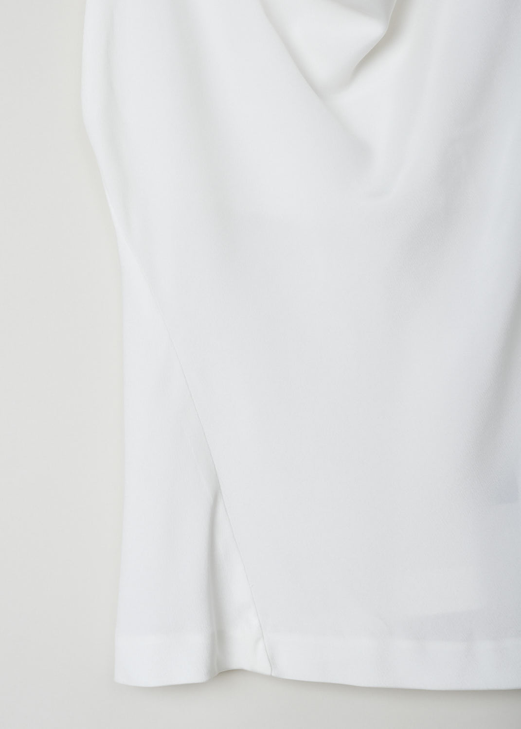 DONNA KARAN, SLEEVELESS COWL NECK TOP, A42T259MB0_132, White, Detail, This white sleeveless top has a cowl neckline. This lightweight garment has a slightly askew seam on one side.
