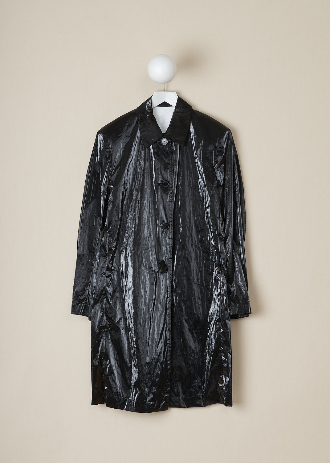 DRIES VAN NOTEN, GLOSSY BLACK COAT, ROXAN_2158_WW_COAT_BLA, Black, Front, This glossy black coat features a spread collar, a front button closure and padded shoulders. The coat has slanted pockets. The hemline is straight.  
