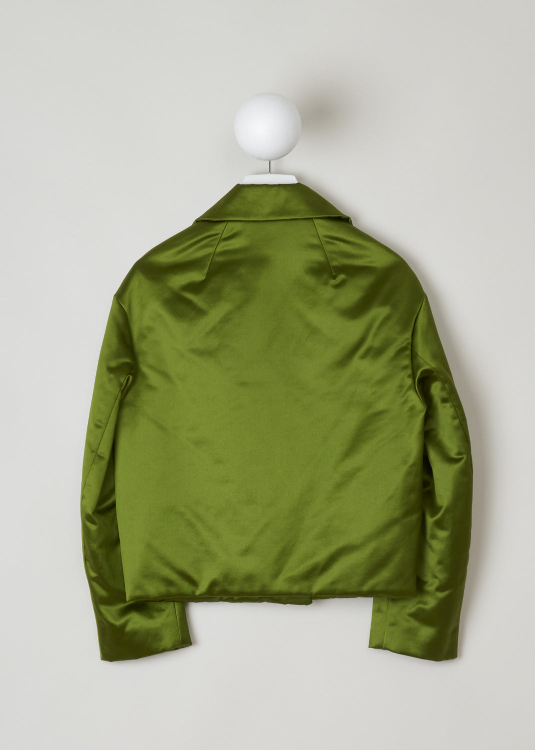DRIES VAN NOTEN, METALLIC GREEN CROPPED JACKET, VONDI_3356_WW_JACKET_GRE, Green, Back, This silky smooth cropped jacket has a notched lapel. The jacket does not have a closing function, meaning the jacket is open in the front. Two welt pockets with a flap can be found on the front of the jacket. 
