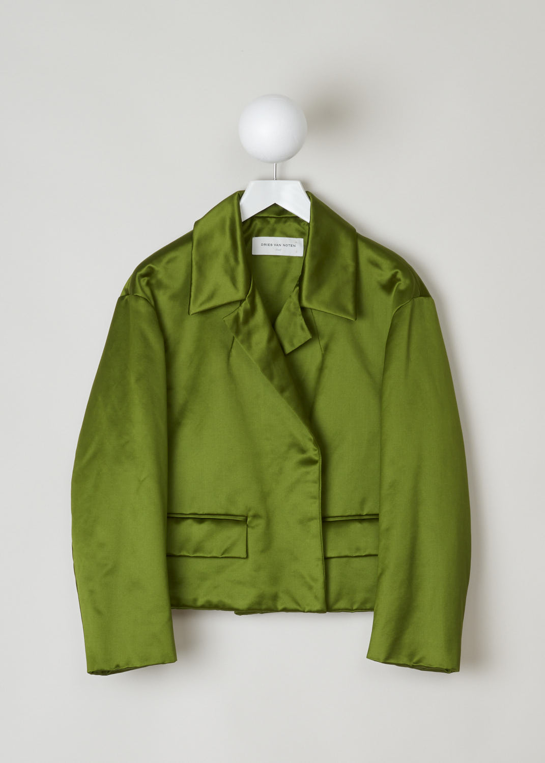 DRIES VAN NOTEN, METALLIC GREEN CROPPED JACKET, VONDI_3356_WW_JACKET_GRE, Green, Front, This silky smooth cropped jacket has a notched lapel. The jacket does not have a closing function, meaning the jacket is open in the front. Two welt pockets with a flap can be found on the front of the jacket. 