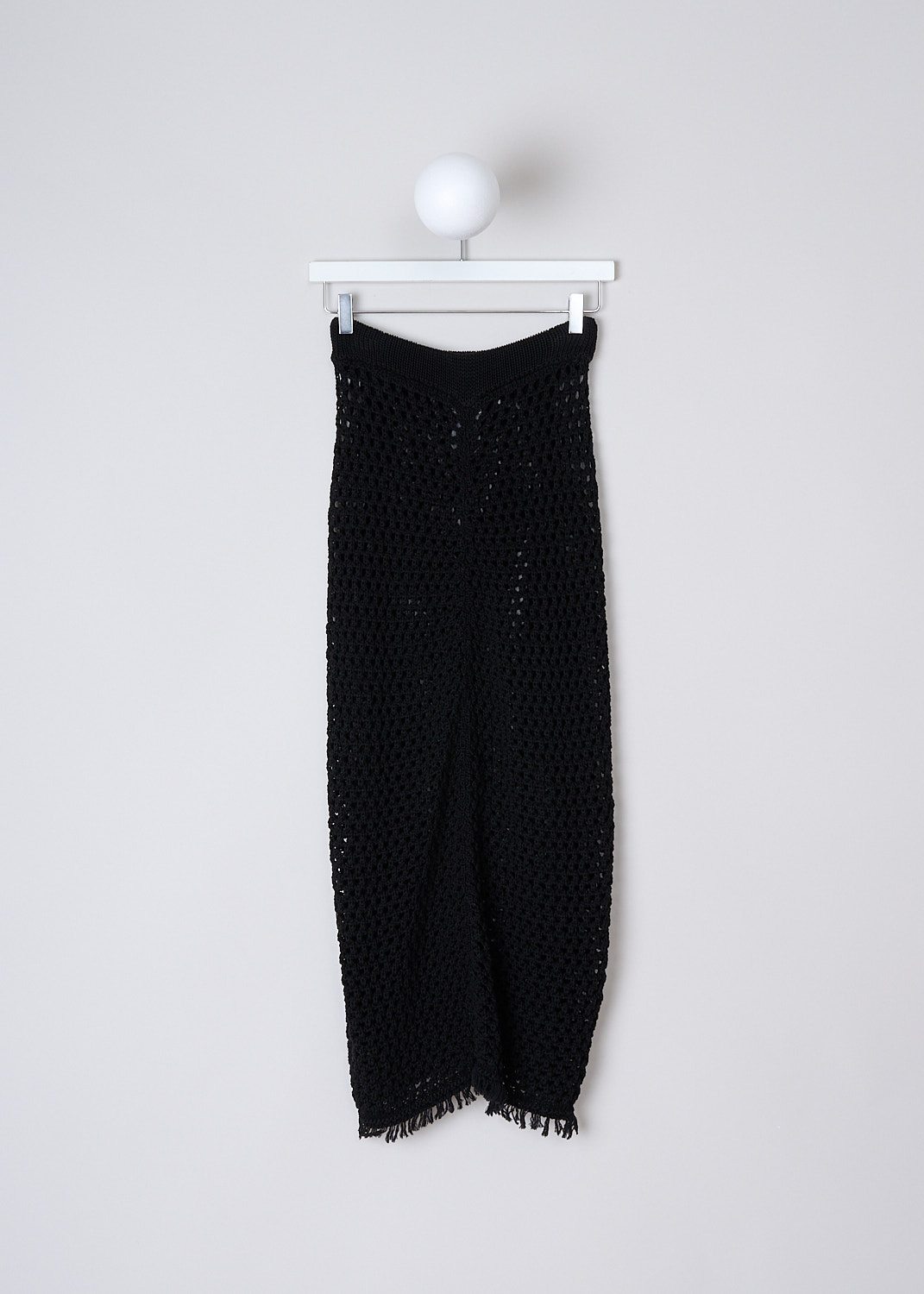 DRIES VAN NOTEN, BLACK OPEN-KNIT MAXI SKIRT, TIBBA_SHORT_6713_WK_SKIRT_BLACK, Black, Back, This black open-knit maxi skirt has a broad elasticated waistband. The skirt has a straight hemline with a frilled trim.
