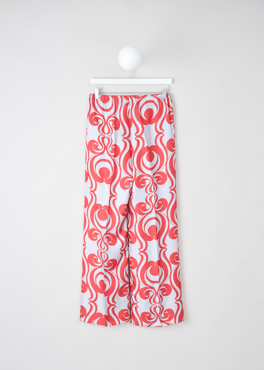 Dries van Noten, Puvis Bis Long pants with bicolor swirl pattern, PUVIS_BIS_LONG_8273_WW_PANTS_352_RED, Red, Print, Grey, Back, These Puvis Bis Long pants have a grey-and-red swirl pattern. These pants have an elasticated waistband with a drawstring. These pants have long wide pant legs with pressed creases.  
