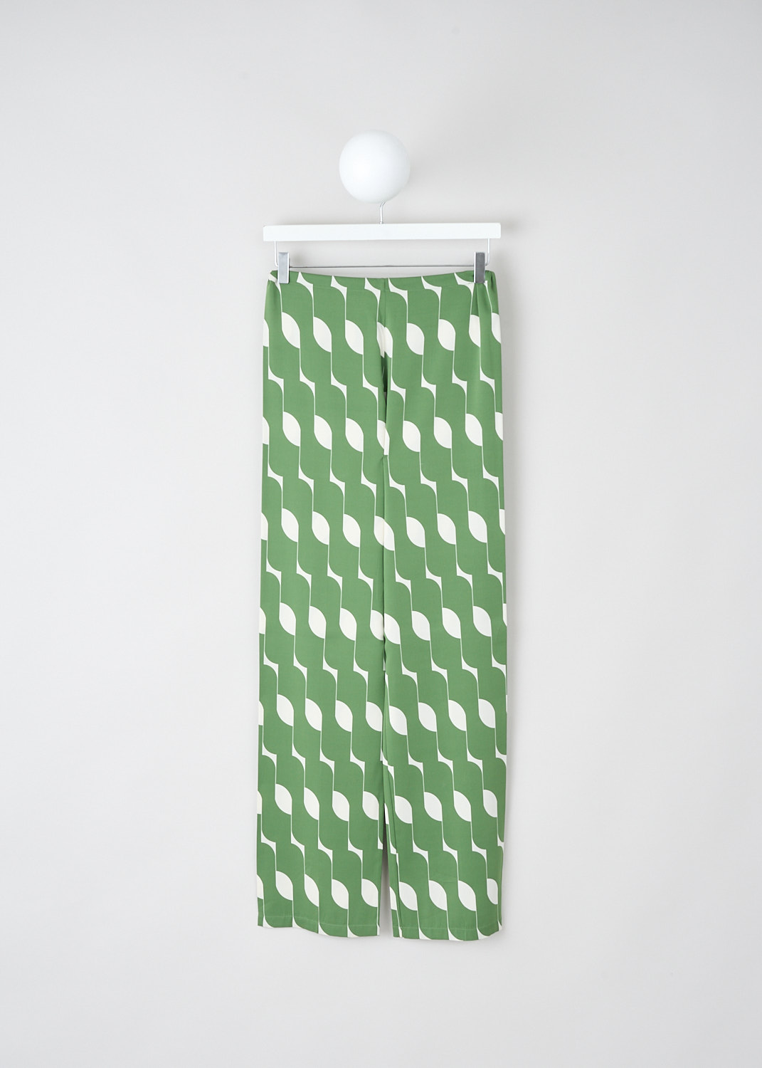 Dries van Noten, Pachas pants with bicolor geometric pattern, PACHAS_BIS_8111_WW_PANTS_604_GREEN, Green, White, Print, Back, These high-waisted silk Pachas pants with a green-and-white geometric pattern have a waistband with a drawstring closure. These pants have loose straight pant legs. 
