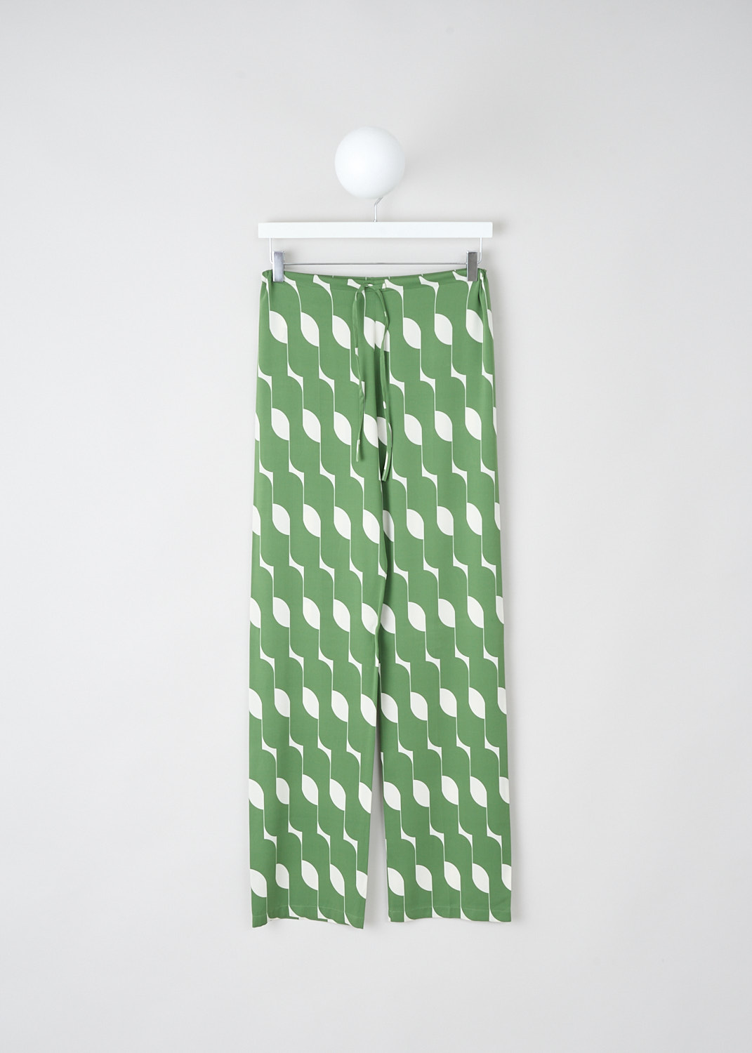 Dries van Noten, Pachas pants with bicolor geometric pattern, PACHAS_BIS_8111_WW_PANTS_604_GREEN, Green, White, Print, Front, These high-waisted silk Pachas pants with a green-and-white geometric pattern have a waistband with a drawstring closure. These pants have loose straight pant legs. 
