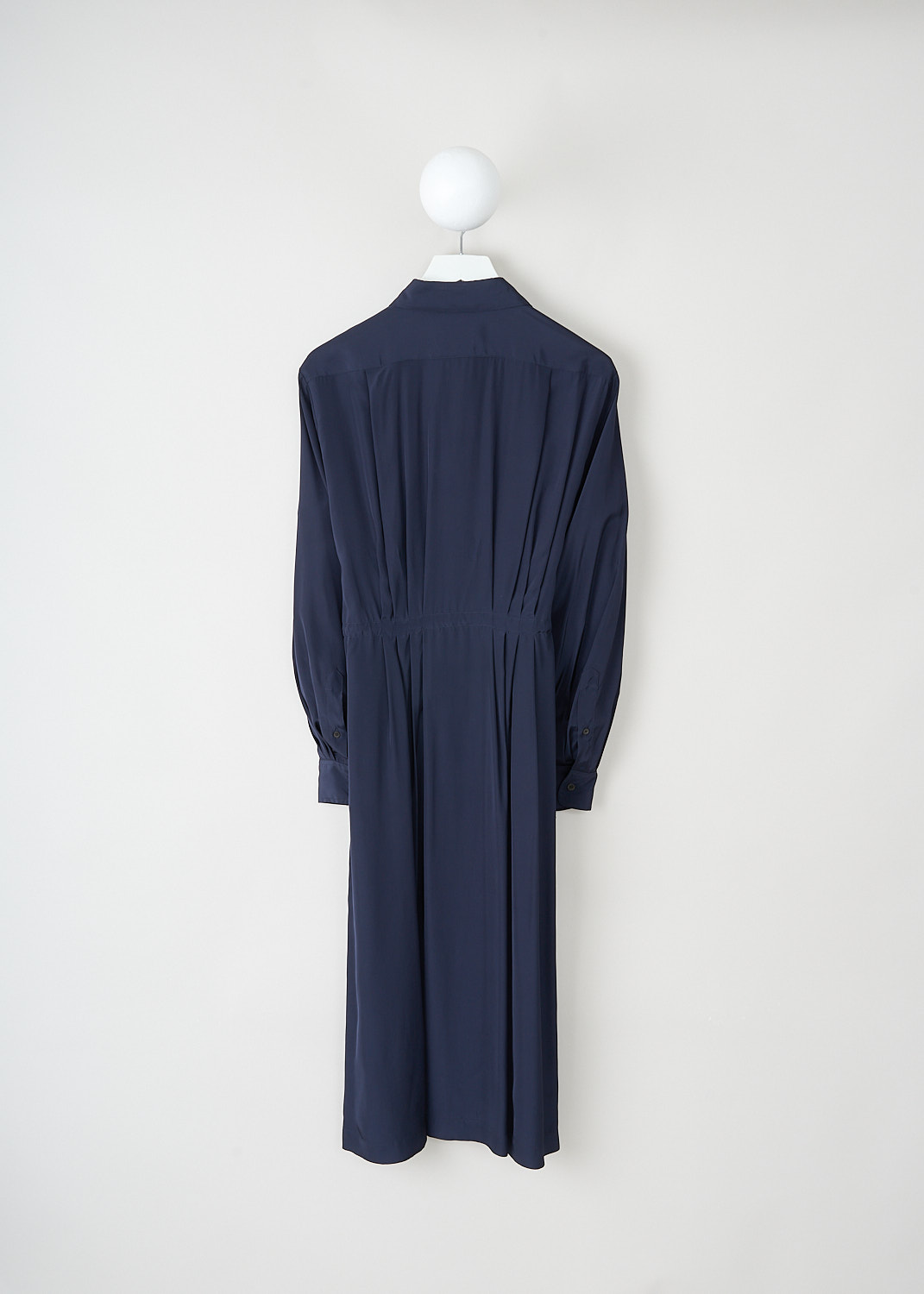 Dries van Noten, Navy blue Darlos shirt dress, DARLOS_8374_WW_DRESS_509_NAVY, Blue, Back, This navy blue Darlos shirt dress has a classic collar and a concealed front button closure. The elasticated waistband gives and the internal draw cord cinch in the waist. The long voluminous sleeves have buttoned cuffs.  
