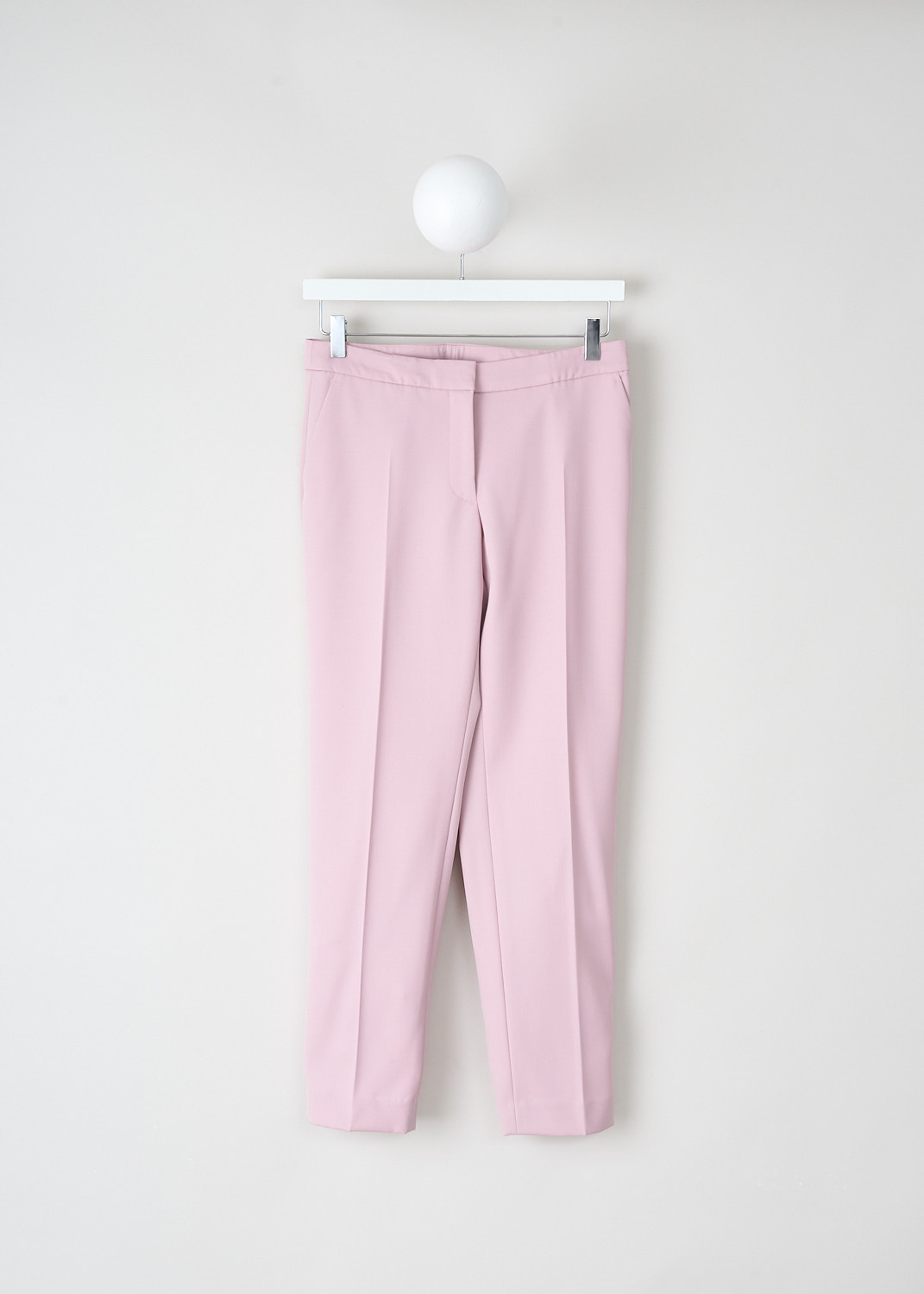 Fitted Old Rose Poumas pants by Dries van Noten front view with concealed clasp, zip closure, and pressed creases