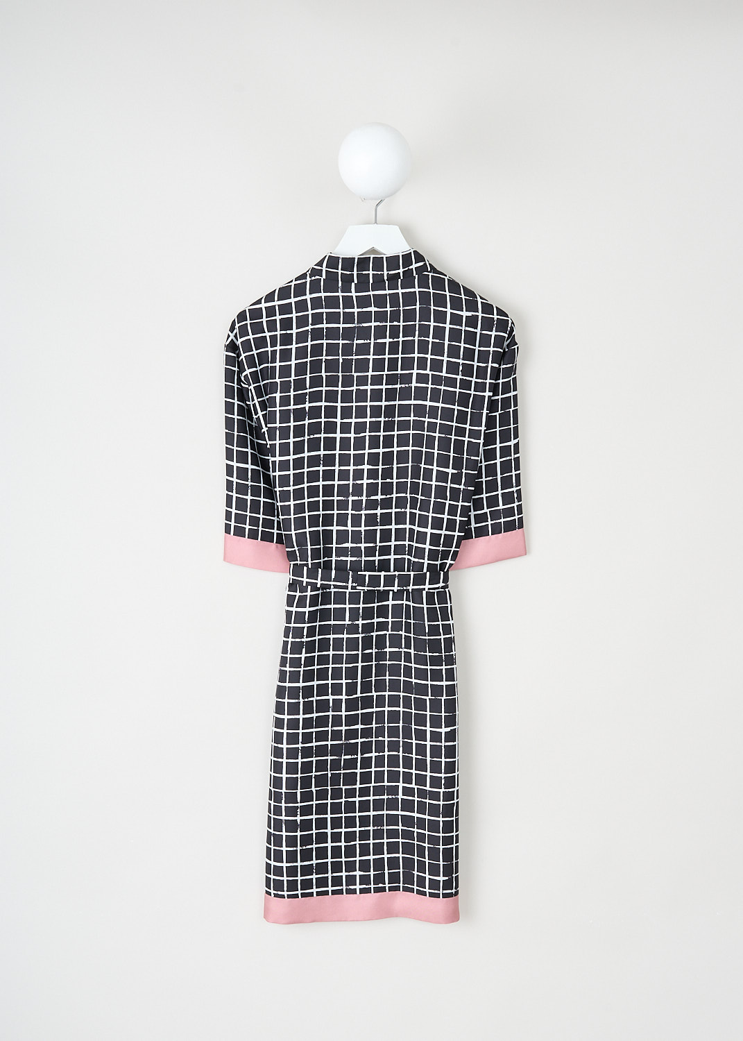 Dries van Noten, Doralia dress with check print, DORALIA_9035_WW_DRESS_975_DESSIN_A, Black, Print, Pink, Bacl, This silk Doralia shirt dress has a black-and-white check print. The dress has a spread collar and a concealed front button closure. On the front, the dress has a single breast pocket. Both the short sleeves and the straight hem have a contrasting pink trim. The dress comes with a matching fabric belt to cinch in the waist.
