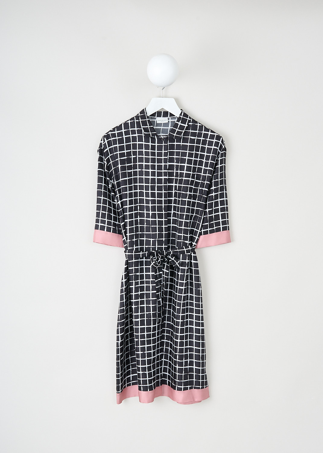 Dries van Noten, Doralia dress with check print, DORALIA_9035_WW_DRESS_975_DESSIN_A, Black, Print, Pink, Front, This silk Doralia shirt dress has a black-and-white check print. The dress has a spread collar and a concealed front button closure. On the front, the dress has a single breast pocket. Both the short sleeves and the straight hem have a contrasting pink trim. The dress comes with a matching fabric belt to cinch in the waist.
