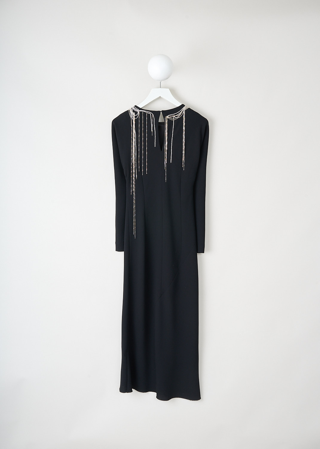 Crystal-embellished black crepe midi dress by Dries van Noten back view with keyhole and concealed hook fastenings available at Kiki's Stocksale in Maastricht