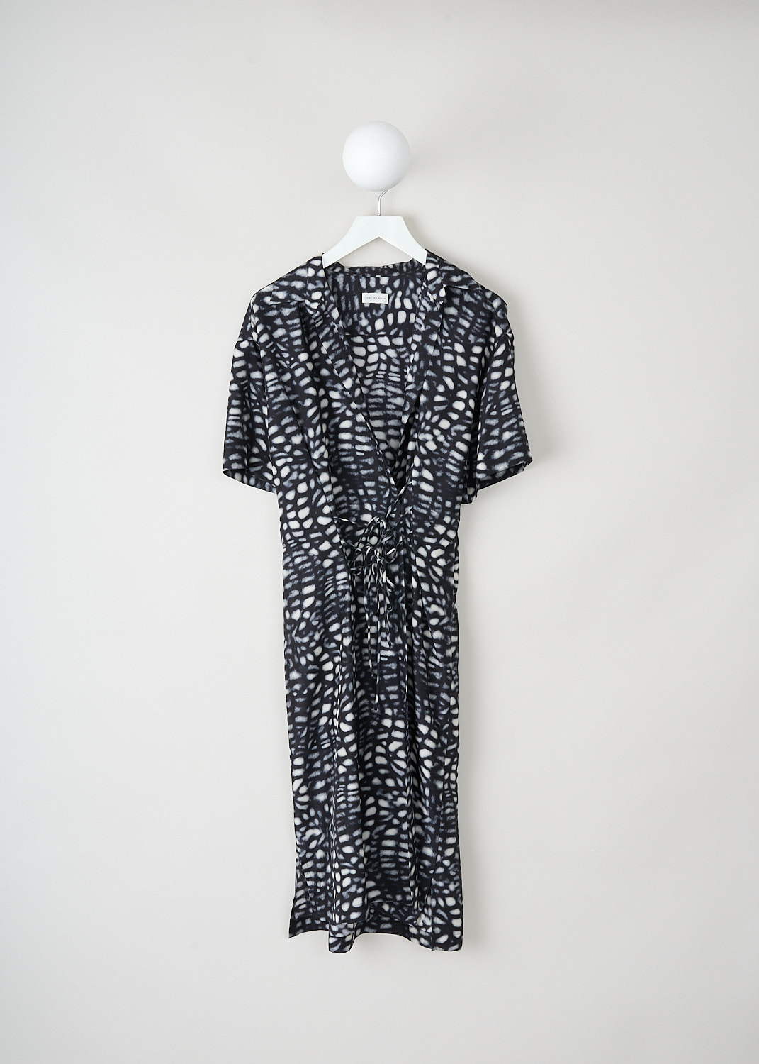 Dries van Noten, Delicky wrap dress in black-and-white print, DELICKY_1204_WW_DRESS_900_BLACK, Black, White, Print, Front, This black-and-white printed Delicky wrap dress has a spread collar with a V-neckline and short sleeves. Three intricate ties in the front and one on the inside function as the closure. 
