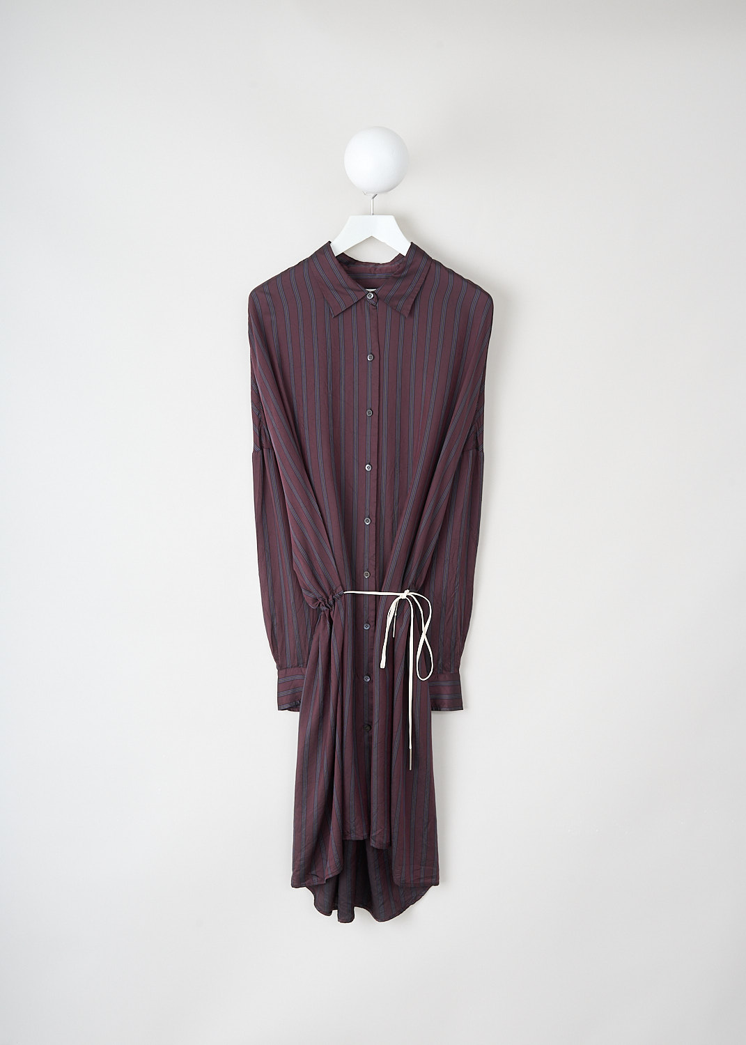 Dries van Noten, Dindia burgundy stripe dress, DINDIA_2267_WW_DRESS_358_BURGUNDY, Purple, Front, This Dindia burgundy stripe shirt dress has a classic collar and a front button closure. The dress has wide dolman sleeves with buttoned cuffs. Along the waist, a contrasting white drawstring can be used to cinch in the waist.
