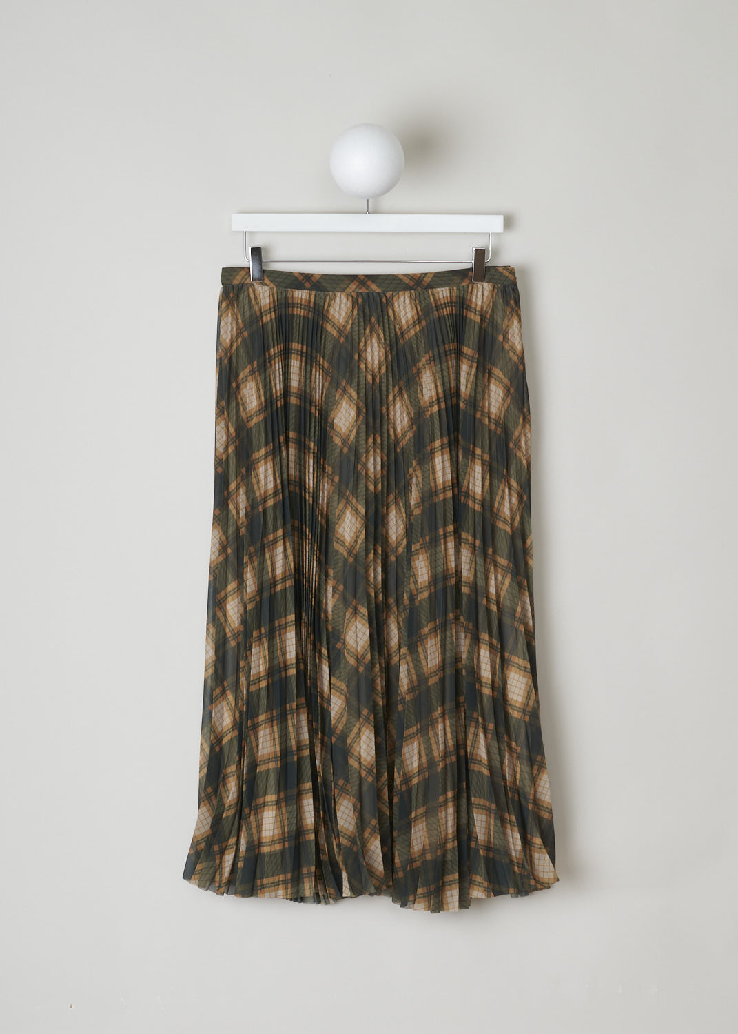 DRIES VAN NOTEN, GREEN AND ORANGE CHECKED PLEATED SKIRT, SAX_1228_WW_SKIRT_DESC, Print, Green, Front, This accordion pleated maxi skirt is made with an argyle pattern in green and orange tones. The skirt has a narrow waistband and a concealed side zipper. The skirt is fully lined