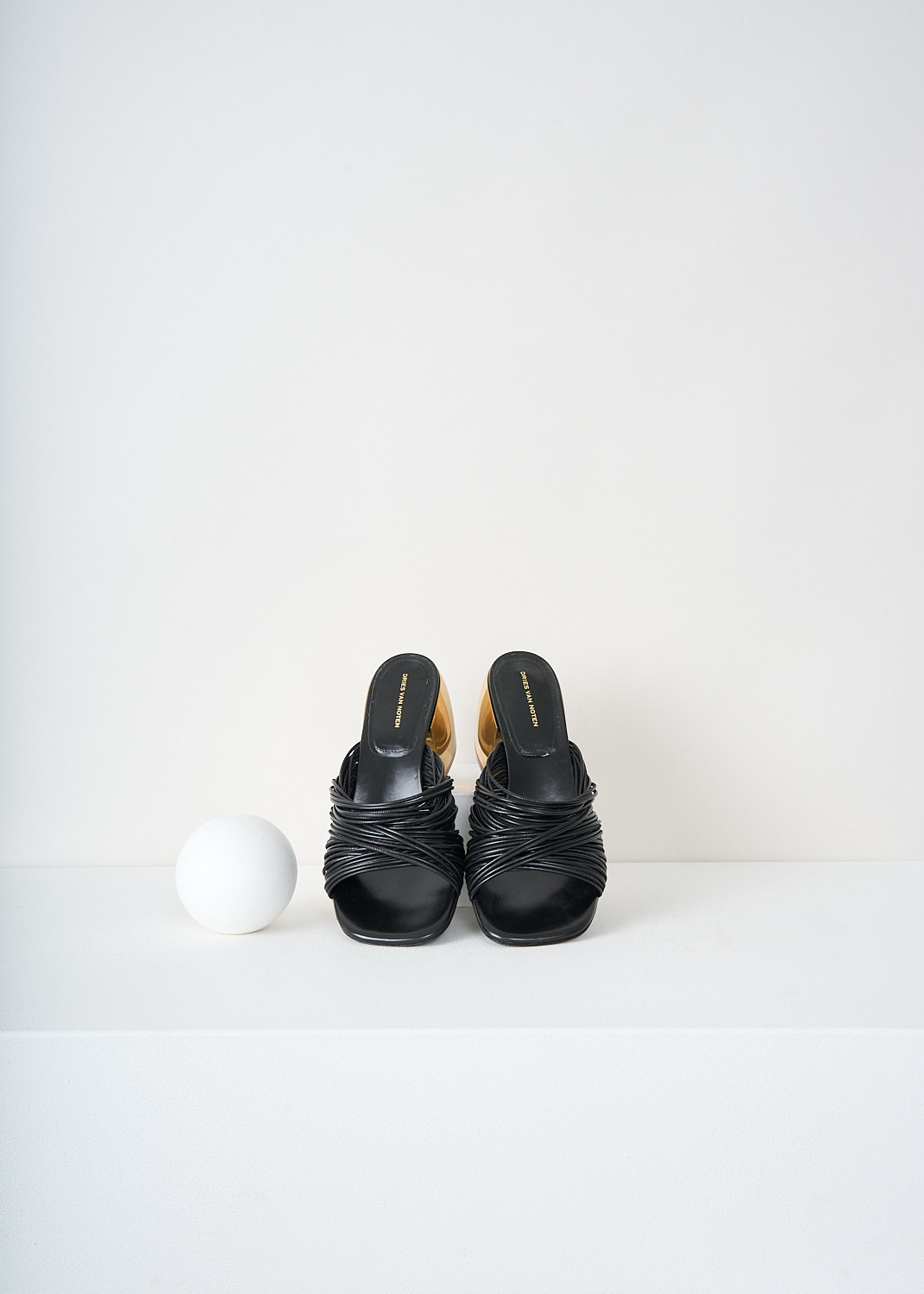 Top view of the black mule pumps with round toe and multi-strap design by Dries Van Noten, available at Kiki's Stocksale in Maastricht.