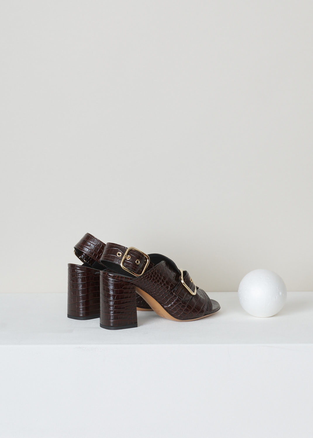 Dries van Noten, Brown embossed crocodile sandals, WS25_139_80_QU107_DBROWN704, brown, back, These brown crocodile embossed sandals are made from patent leather. They feature a round open toe chunky heel, heel straps and gold-tone metal buckles. 