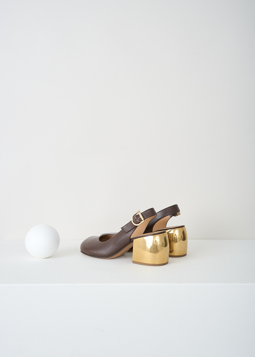Dries van Noten, Dark brown slingback pumps with gold-tone heel, WW232_803_118_704_DARK_BROWN, Brown, Gold, Back, These dark brown slingback pumps have a buckle on the ankle, a squared-off nose and a gold-tone block heel.

