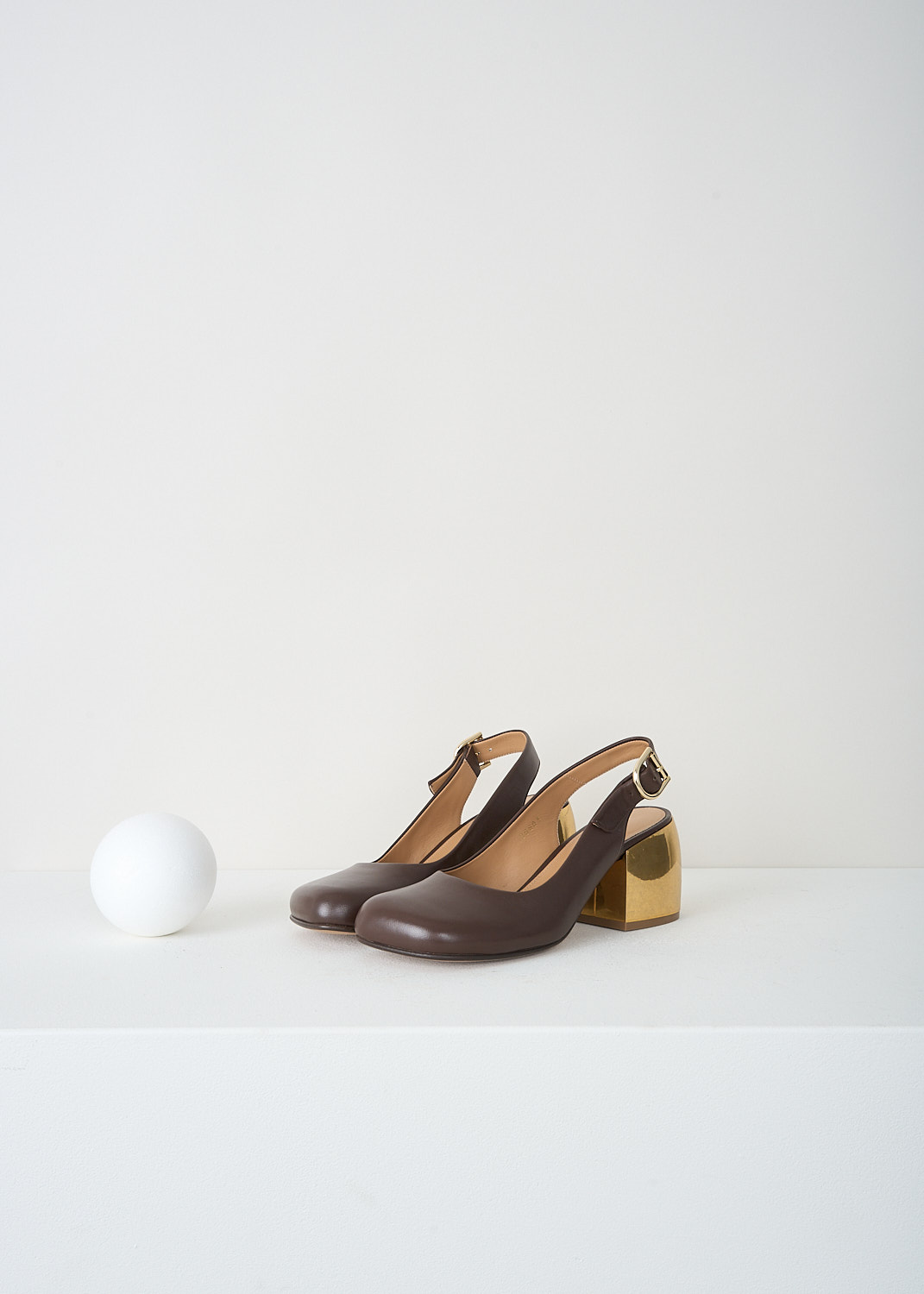 Dries van Noten, Dark brown slingback pumps with gold-tone heel, WW232_803_118_704_DARK_BROWN, Brown, Gold, Front, These dark brown slingback pumps have a buckle on the ankle, a squared-off nose and a gold-tone block heel.
