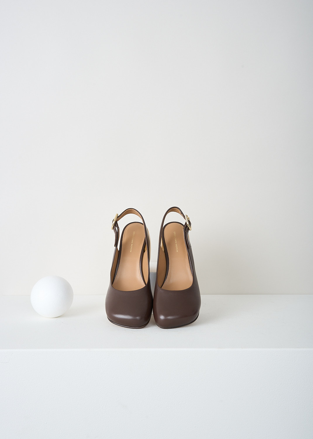 Dries van Noten, Dark brown slingback pumps with gold-tone heel, WW232_803_118_704_DARK_BROWN, Brown, Gold, Top, These dark brown slingback pumps have a buckle on the ankle, a squared-off nose and a gold-tone block heel.
