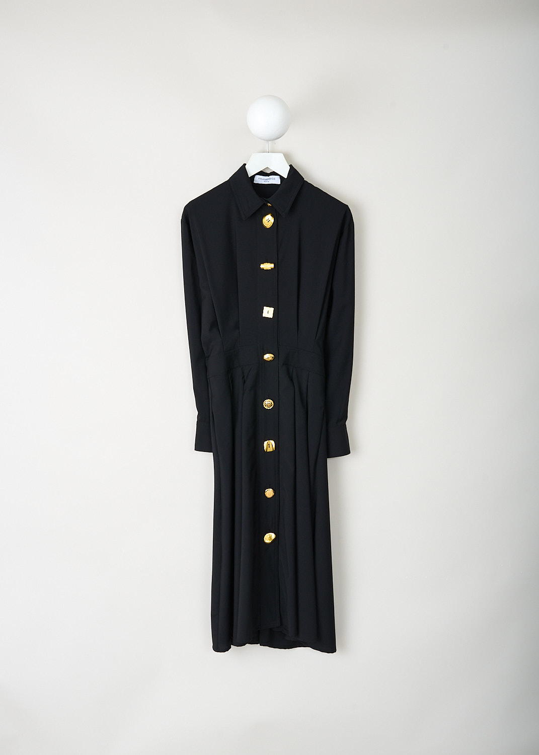 Françoise Olivia black wool dress with classic collar, gold-tone button closure, pleated front and cinched waist, designer fashion at Kiki's Stocksale Maastricht