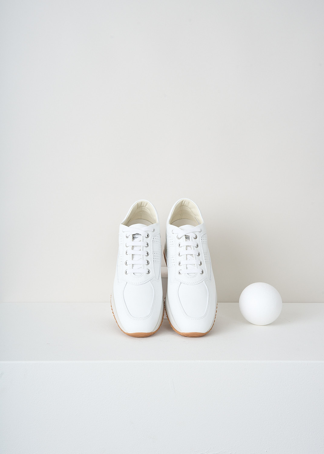 Hogan, White interactive sneakers, 
HXW00N00E30_KLA_B001, White, Top, These all-white leather sneakers feature front lace-up fastening with white laces. These sneakers have a almond shaped toe and a white rubber sole. On the sides, the sneakers have a perforated H logo incorporated in the design.