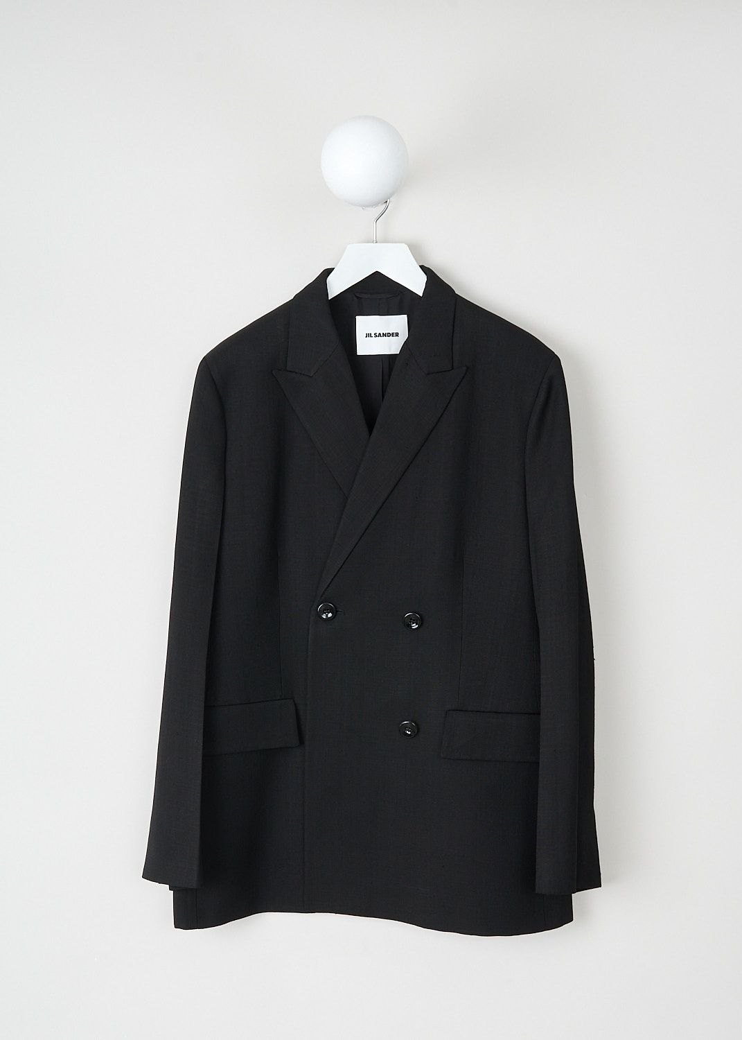 Jil Sander, Black double-breasted jacket, J01BN0101_J65005_001_BLACK, Black, Front, This black double-breasted jacket has a peaked lapel and a double-breasted front button closure. On the front, the jacket has two flap welt pockets. 
