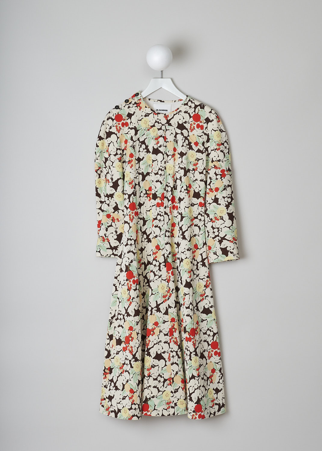 JIL SANDER, MULTICOLOR FRUIT PRINT MIDI DRESS, J01CT0010_J65010_972, Print, Red, Green, Front, This midi dress has a multicolor fruit print. The bodice has a round neckline, three functioning buttons on the right shoulders and long sleeves. A concealed side zip functions as the closure option. The skirt flares out and has a single slanted pocket concealed in the seam.
