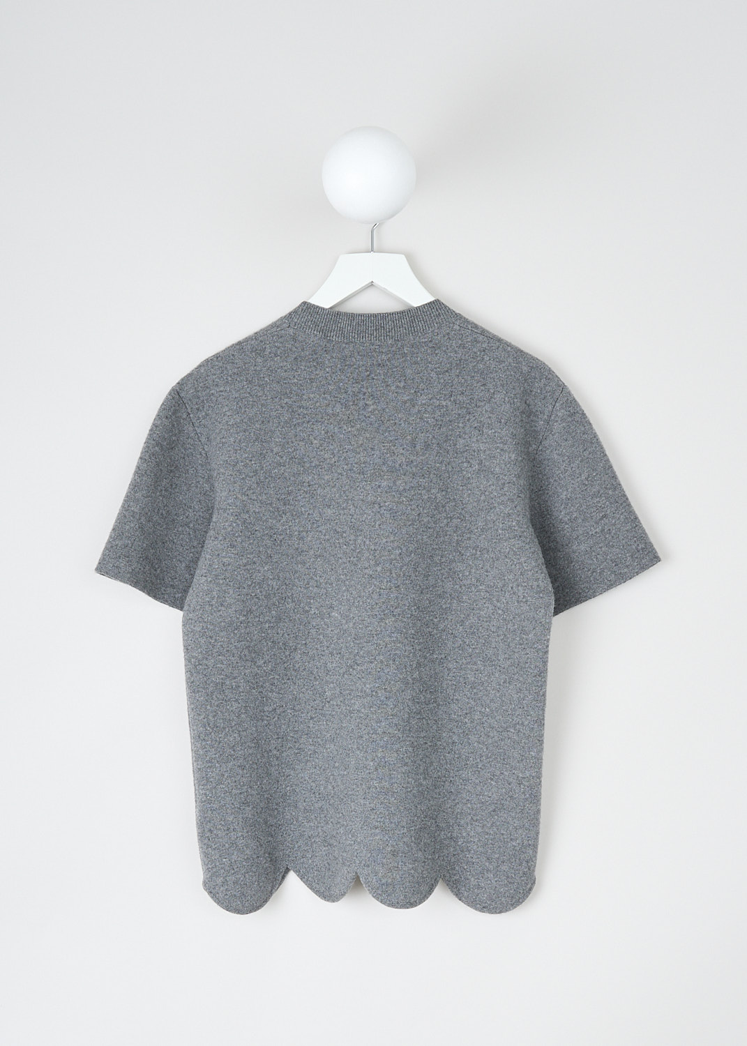 Jil Sander, Stone grey flannel top, J02GP0020_J14510_039_STONE, Grey, Back, This stone grey flannel top had a ribbed round neckline. The short sleeves have straight hems. The top has an elongated silhouette with a scalloped hemline.   
